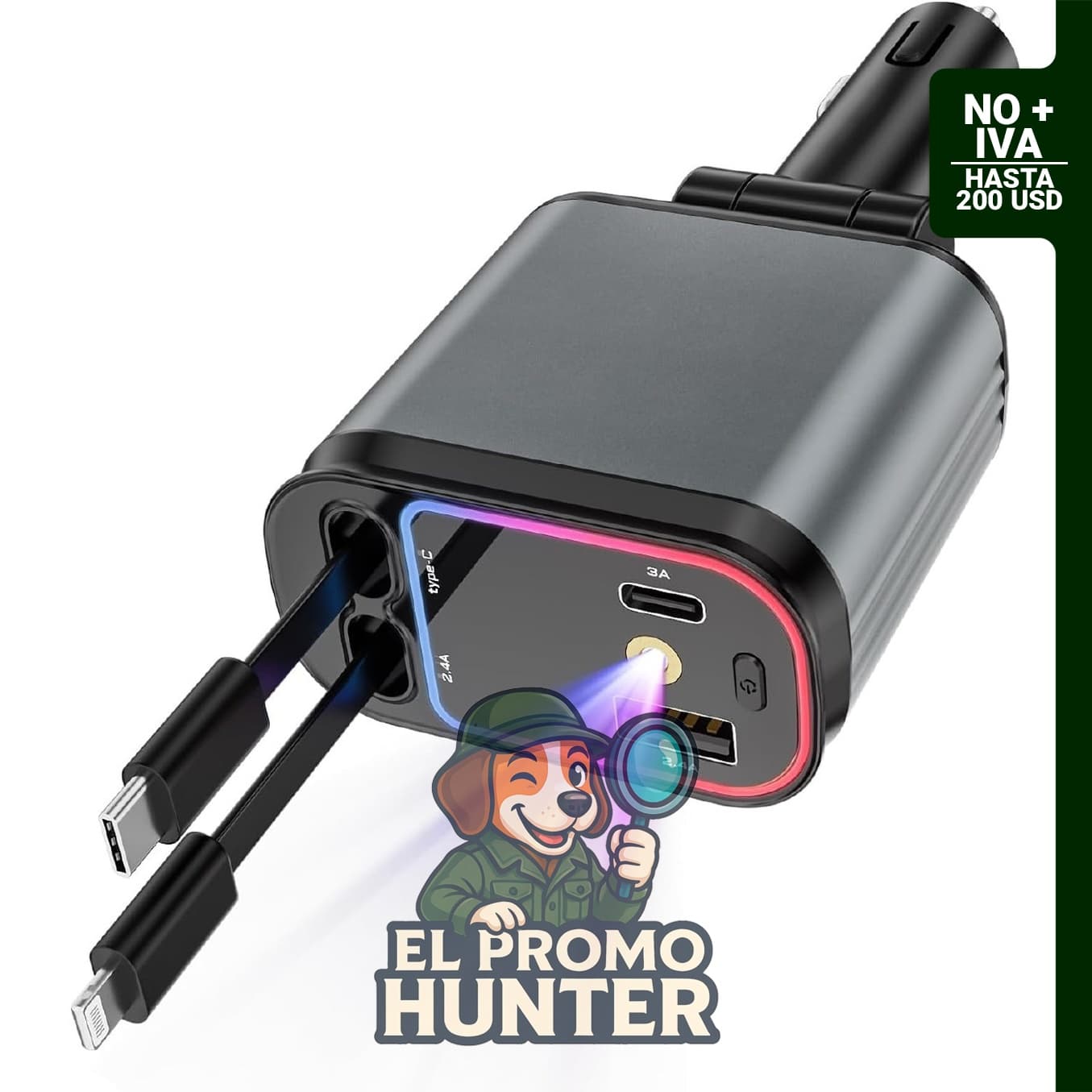 Adaptador de cargador de coche USB C retráctil de 66 W, incluye 2 cables retráctiles.
