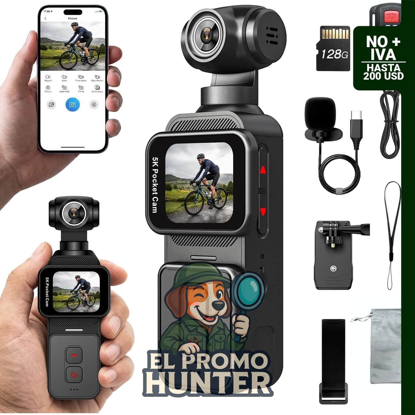 Cámara de bolsillo 5K para vlogging con seguimiento facial AI y conectividad Wi-Fi.