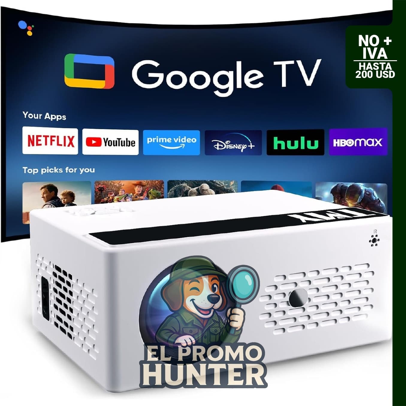 TMY Proyector inteligente con Google TV integrado, resolución nativa para cine en casa.