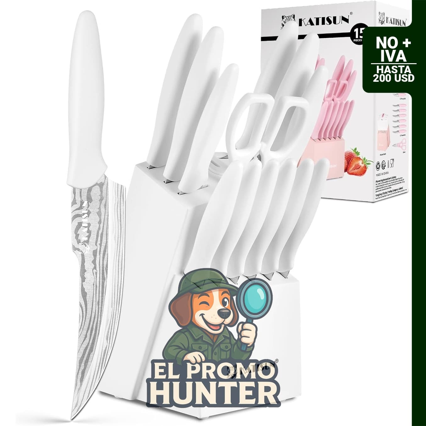 Juego de cuchillos de cocina de 15 piezas con bloque de afilador integrado, acero inoxidable forjado, asas ergonómicas.