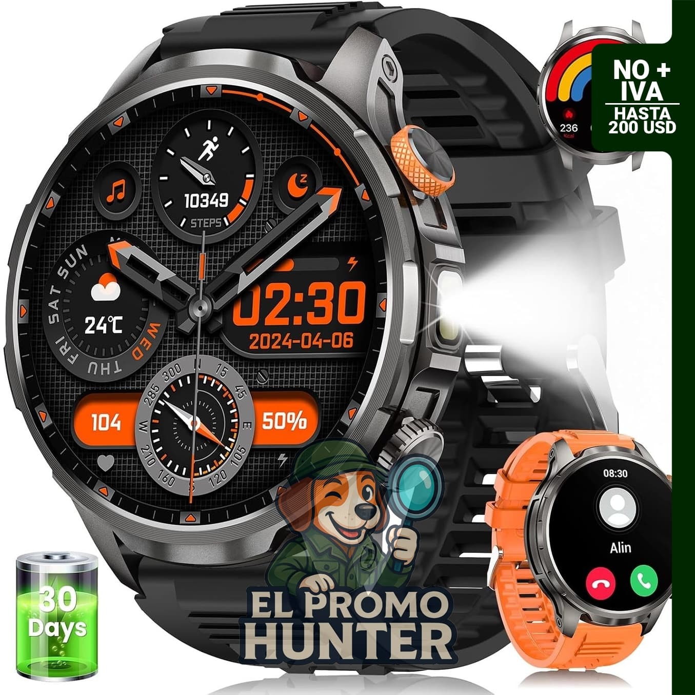 Reloj inteligente militar para hombres, rastreador de fitness, batería de 1000 mAh, incluye 2 bandas.