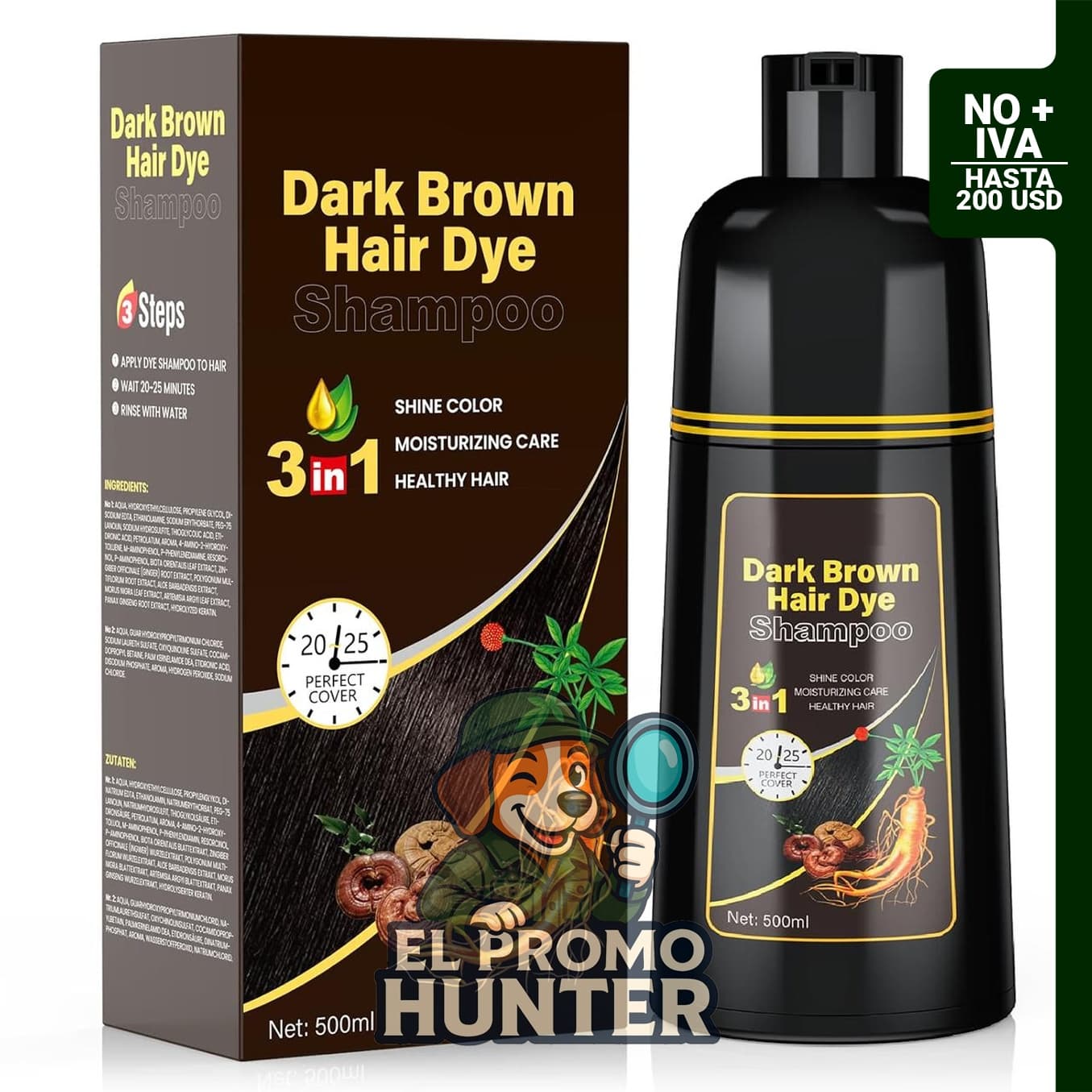 JUANCHI Champú de tinte para cabello castaño oscuro 3 en 1, 16.9 fl oz (500 ml).