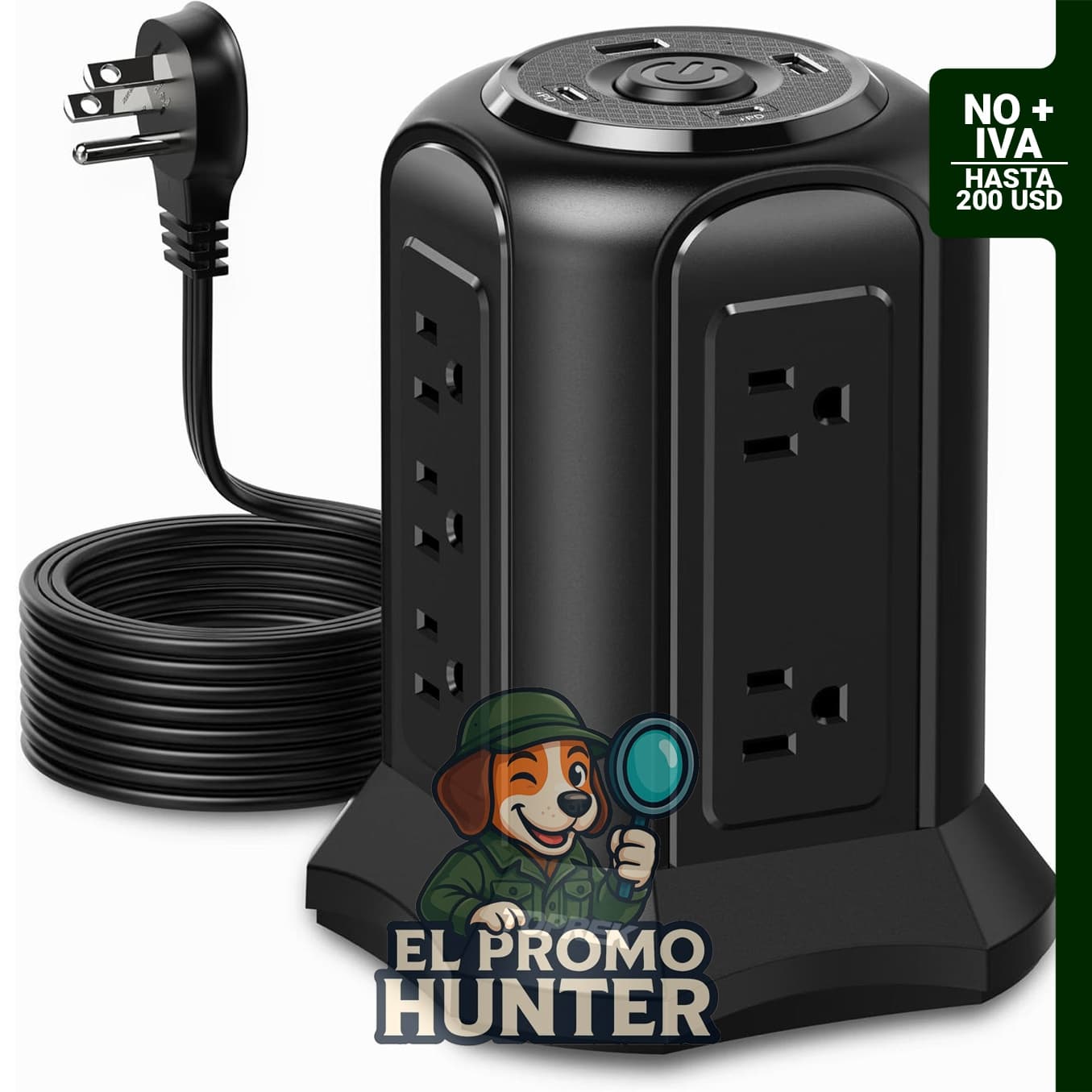 Regleta protectora TOPREK de torre 2100J con 10 tomacorrientes y 4 puertos USB (2 USB-C y 2 USB-A).