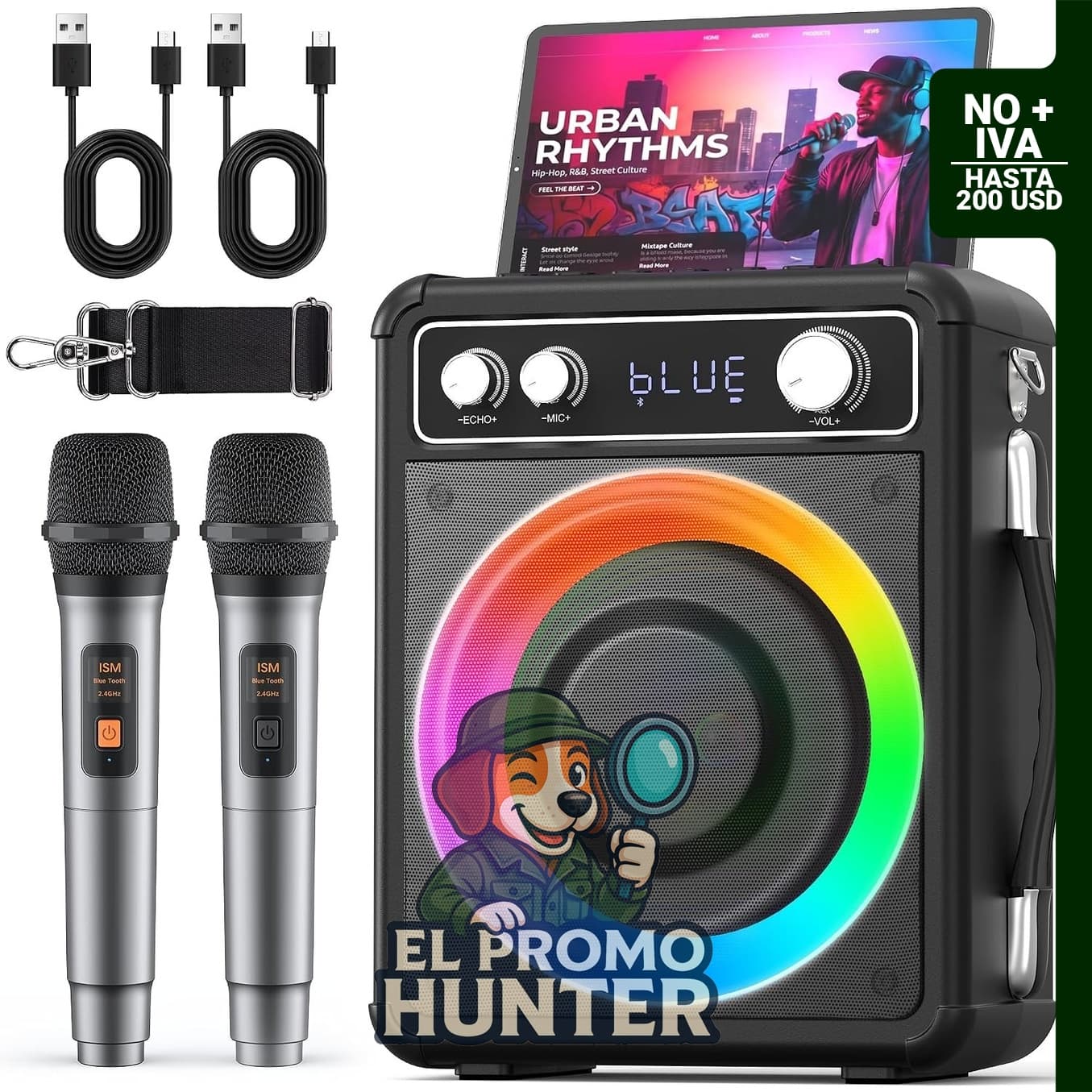 VOSOCO Máquina de karaoke, altavoz portátil Bluetooth con 2 micrófonos inalámbricos y luces LED.