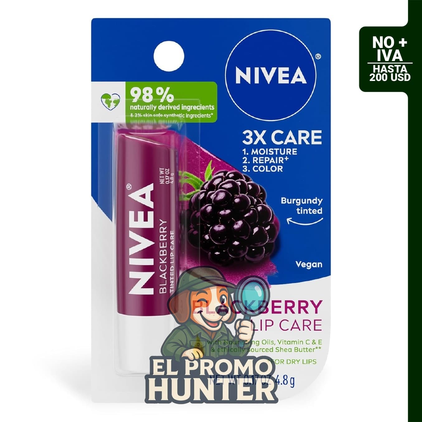 NIVEA Blackberry Lip Care, bálsamo labial teñido con manteca de karité y aceites nutritivos, 0.17 oz (4.8 g).
