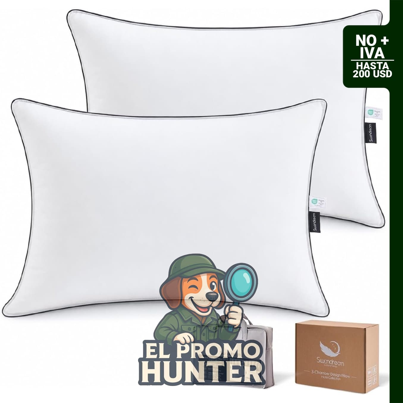 Juego de 2 almohadas de plumas de ganso y plumón, tamaño estándar, con funda suave y a prueba de plumón.