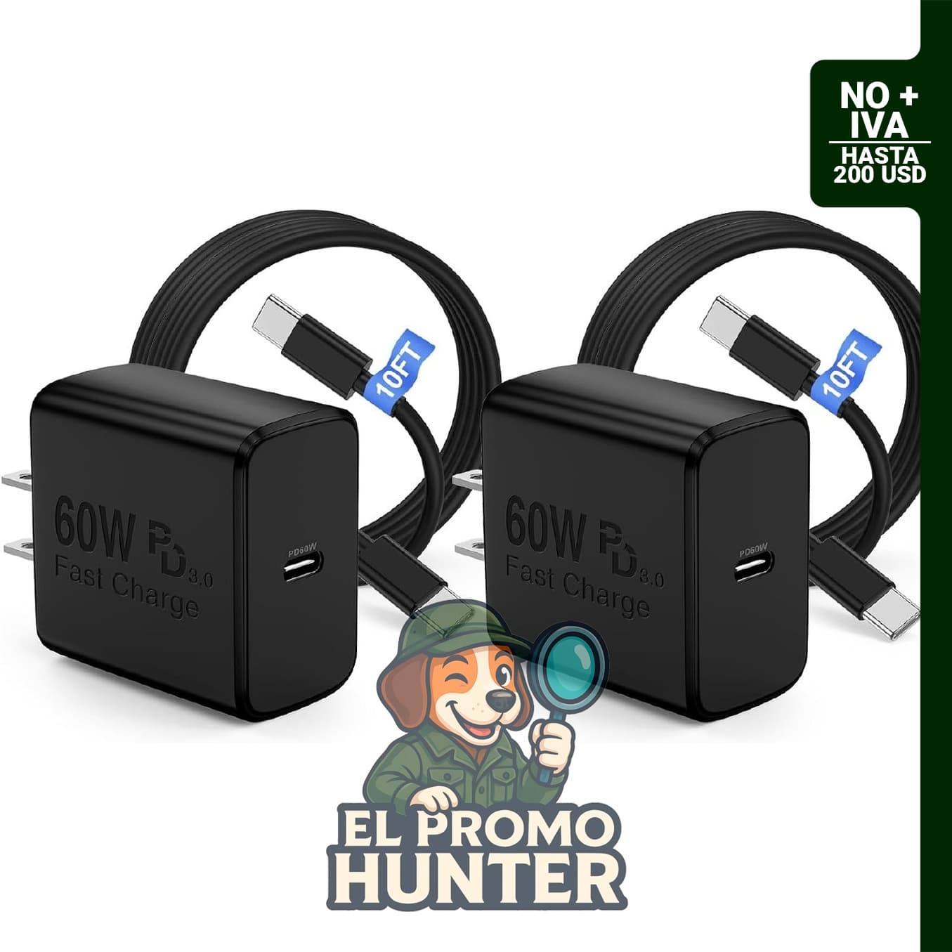 Cargador COONCXEN USB C de 60 W con cable de 10 pies tipo C a tipo C.