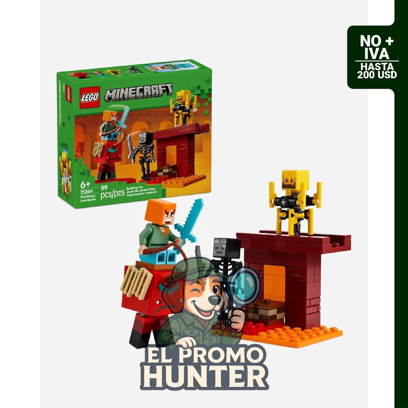 LEGO Minecraft The Nether Lava Battle Toy and Playset, incluye figuras de Alex, Wither Skeleton, Blaze y Strider.