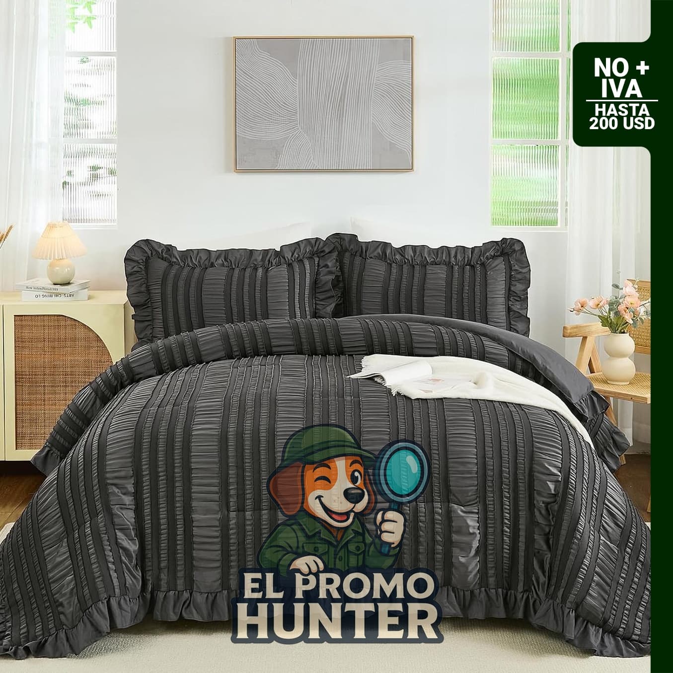 WONGS BEDDING Edredón Tamaño King, juego de 3 piezas, color gris oscuro, medidas 264 x 229 cm.