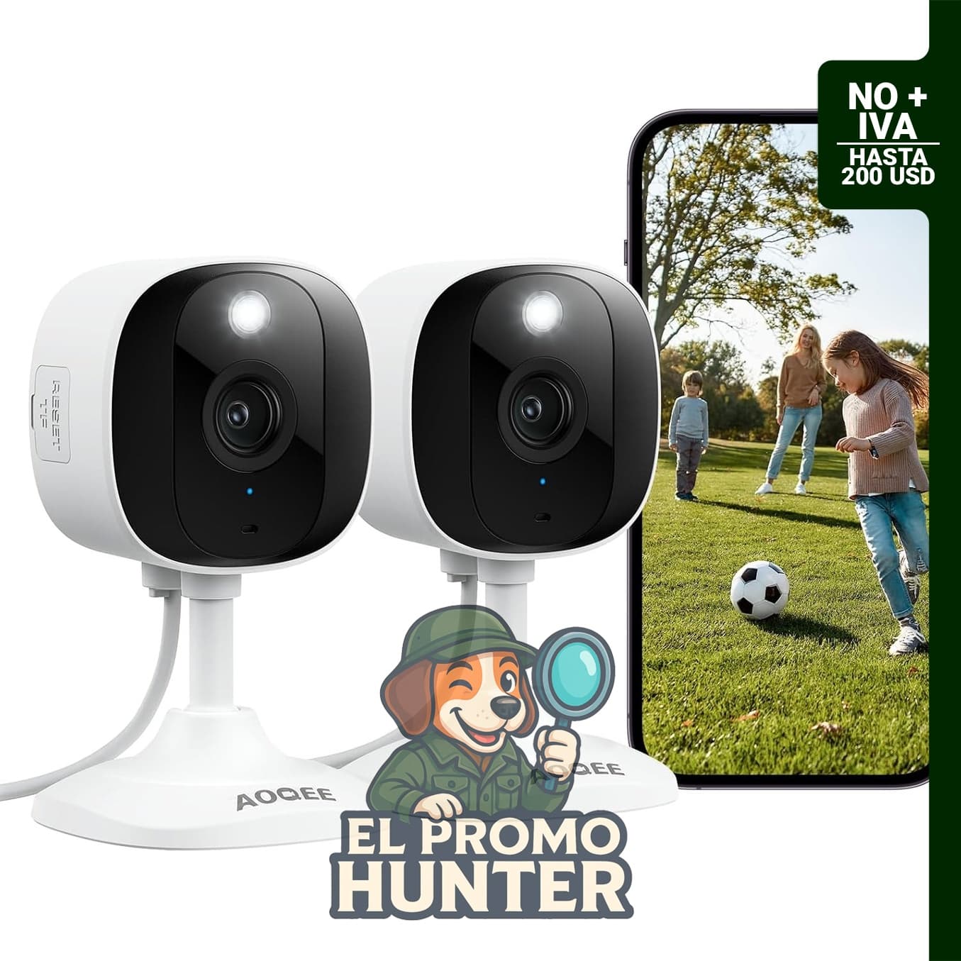 AOQEE Cámara 2K para seguridad del hogar, adecuada para exteriores e interiores, con visión nocturna a color y grabaciones SD 24/7.