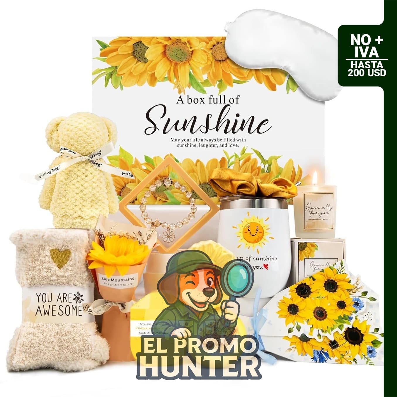 Paquete de cuidado de girasol para mujeres, incluye productos de belleza y cuidado personal.