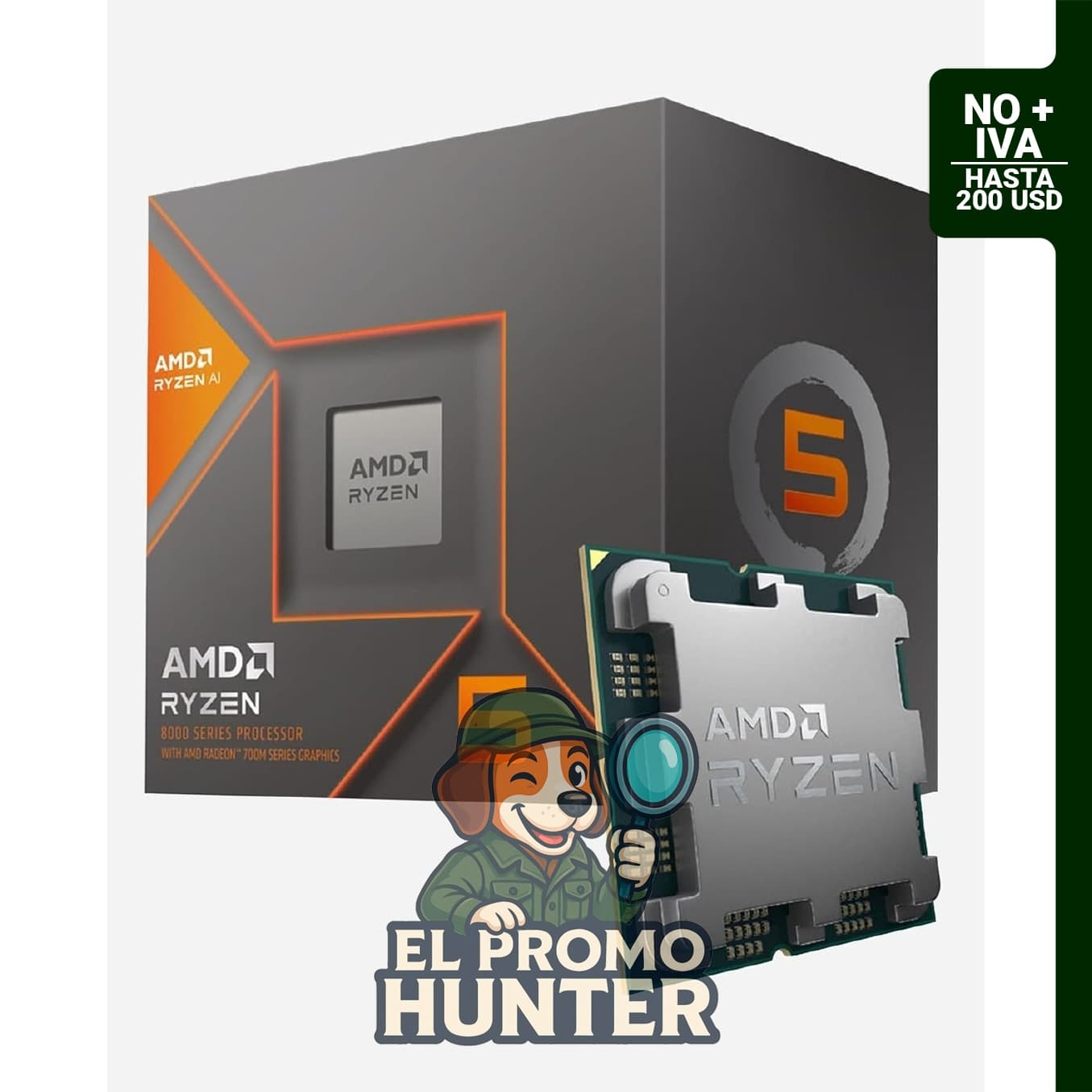 Procesador AMD Ryzen 5 8600G, 6 núcleos, 12 hilos, frecuencia base de 3.2 GHz.
