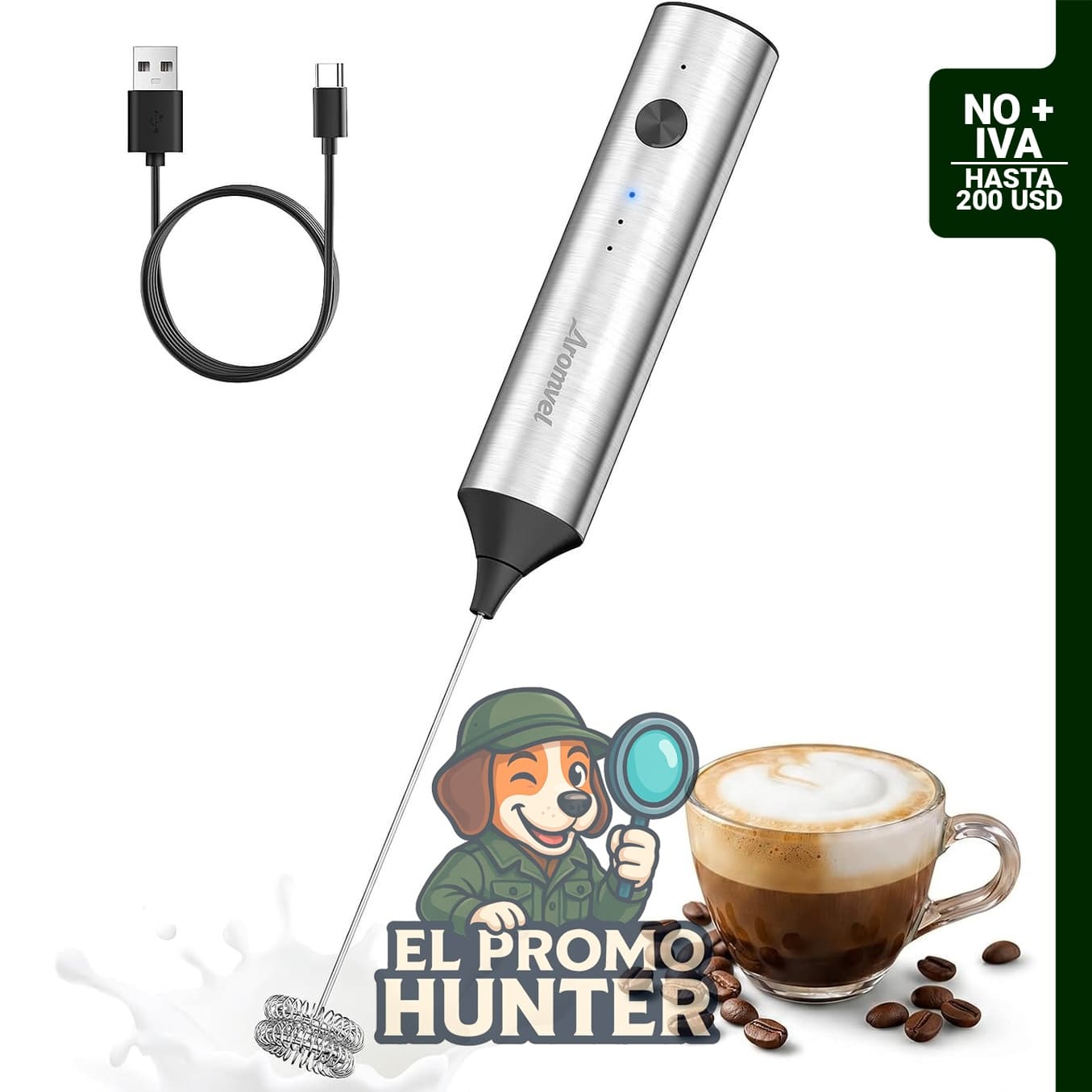 Espumador de leche recargable de mano con batidor de resorte doble y 3 velocidades.