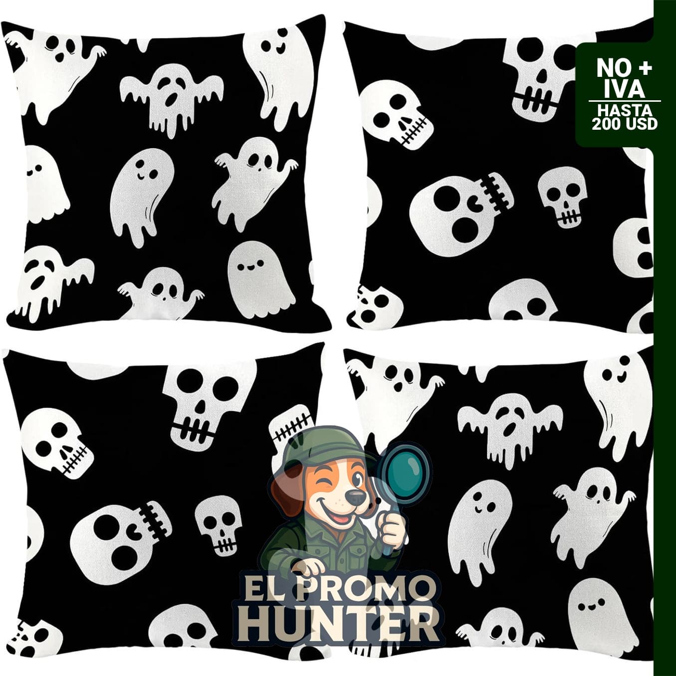 Juego de 4 fundas de almohada de Halloween de 16 x 16 pulgadas, de lino para exteriores, diseño de fantasma y calavera.