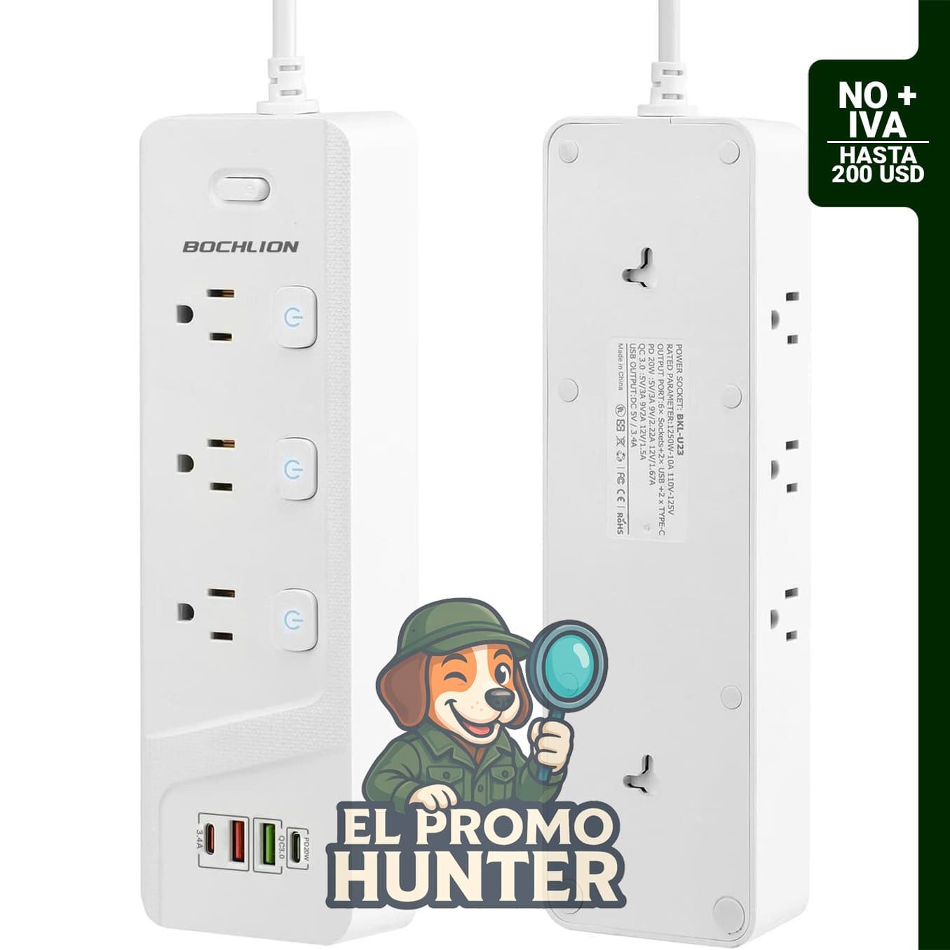 BOCHLON Cable de extensión de 6 pies con 6 salidas AC y 4 puertos USB (2 A y 2 C).