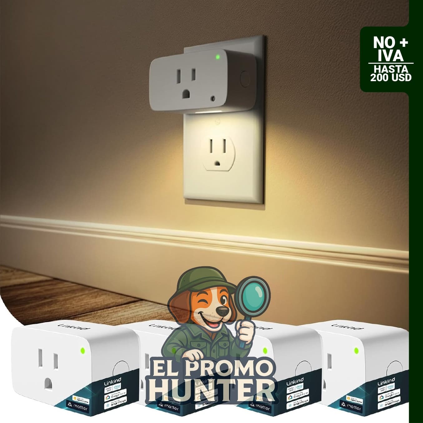 Linkind Matter - Enchufe inteligente con luz nocturna LED, 15 A/1800 W, compatible con Alexa, Apple Home y Google.