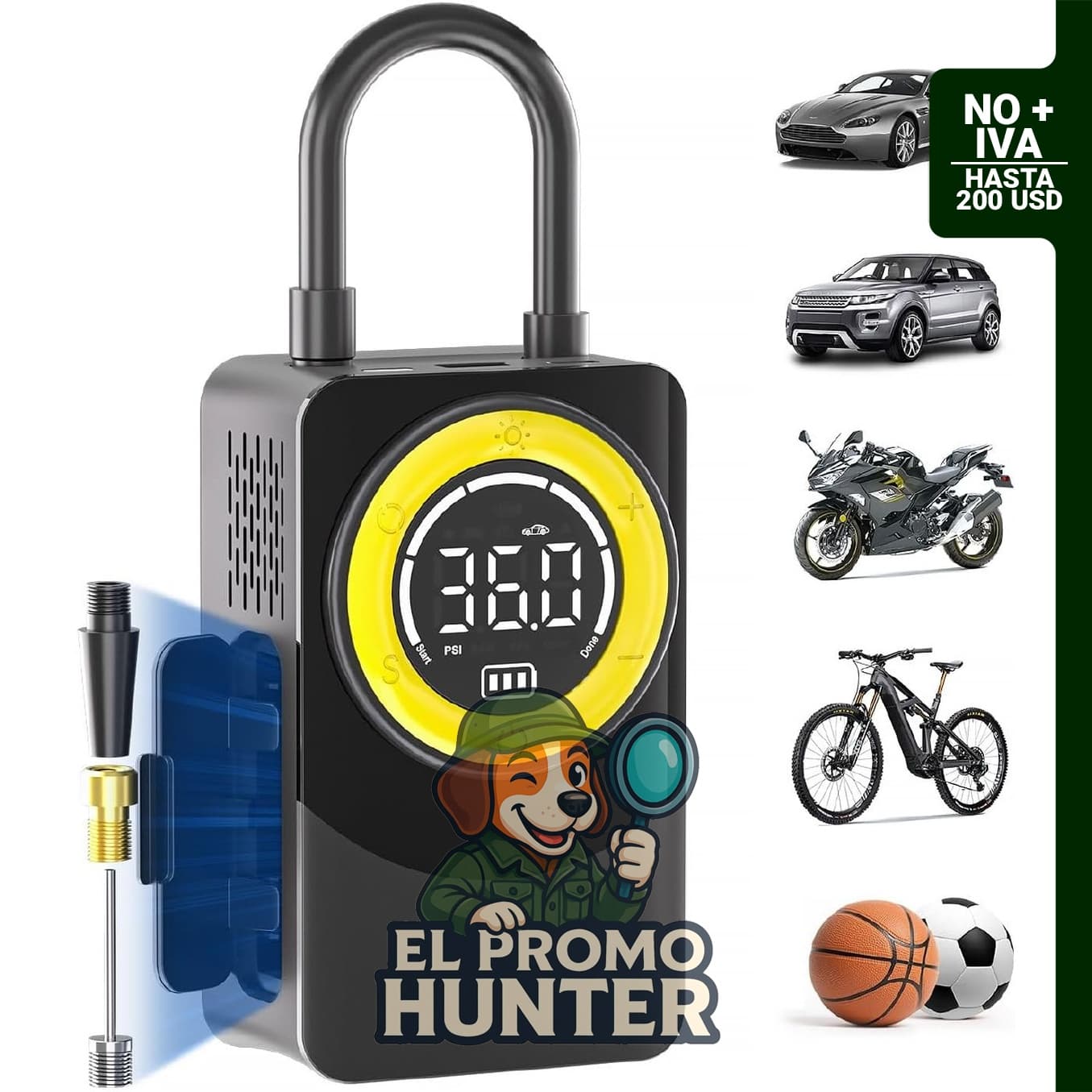 CARSUN Inflador de neumáticos portátil, compresor de aire de 150 PSI con medidor digital y luz LED.