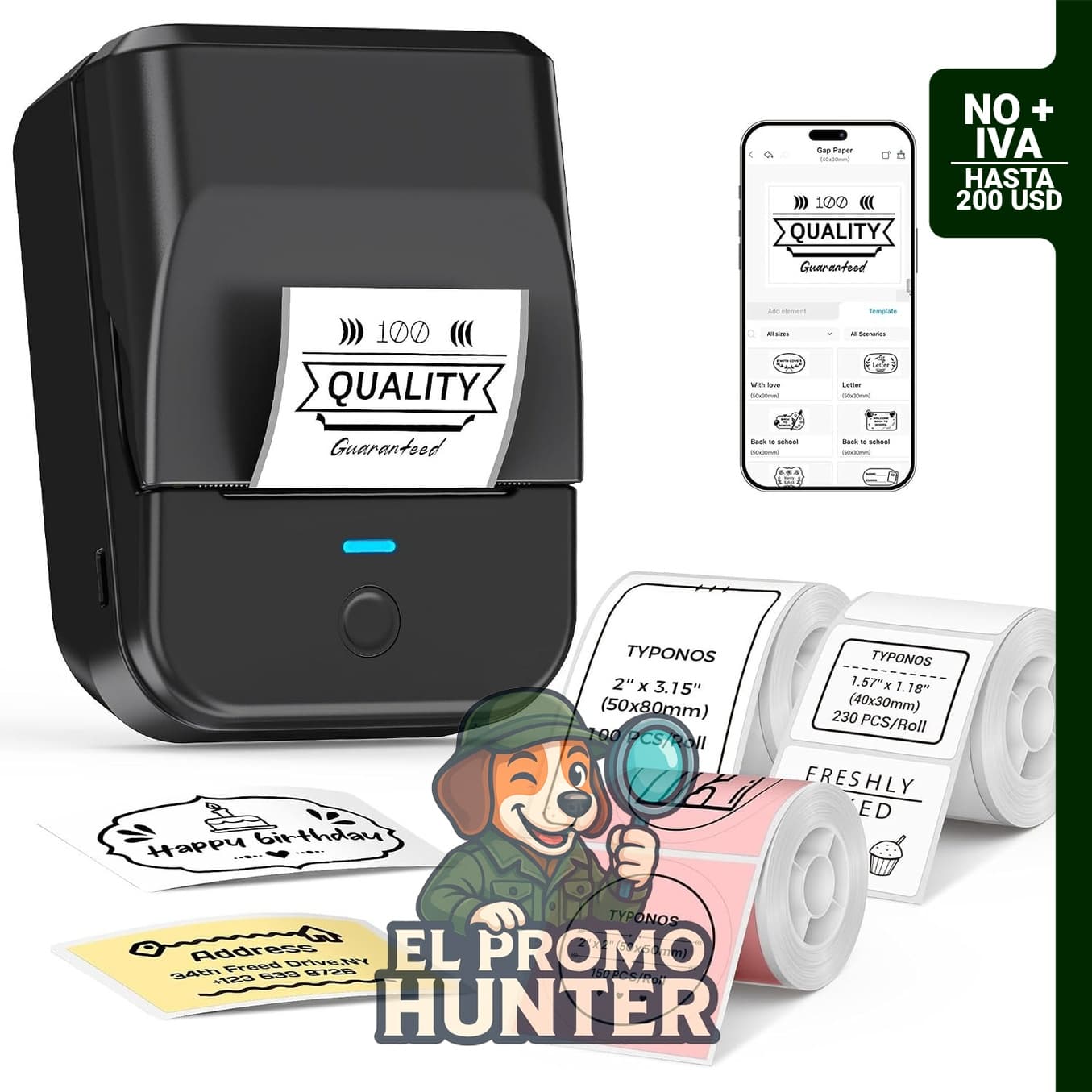 Máquina etiquetadora PM240 con 3 cintas y función de impresión de etiquetas.