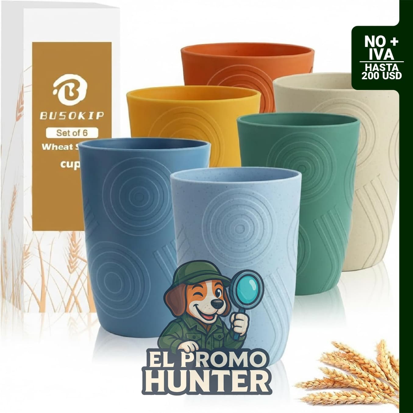 Tazas de paja de trigo BUSOKIP de 16 oz, juego de 6 tazas irrompibles aptas para microondas y lavavajillas.
