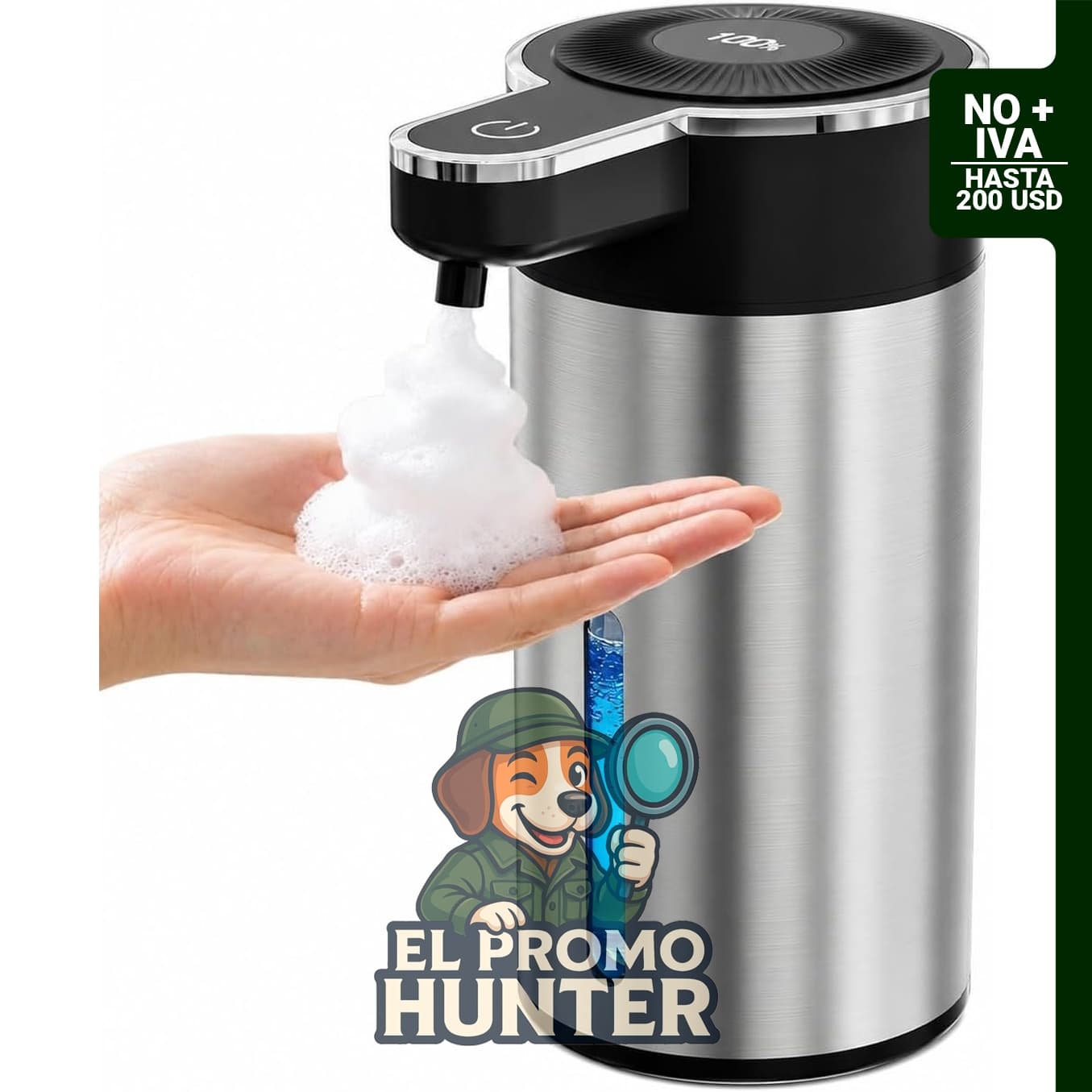Dispensador automático de jabón espumoso recargable, capacidad de 400 ml, con sensor y 4 niveles de líquido ajustables.