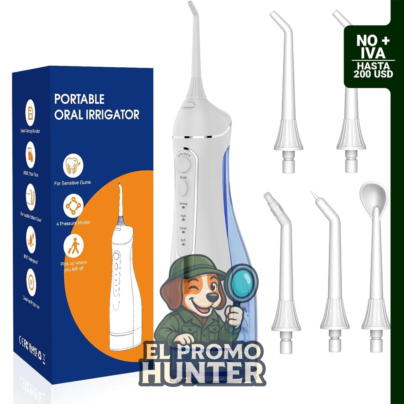 Irrigador dental portátil con 4 modos y 5 puntas de chorro, IPX7, tanque de 300 ml.