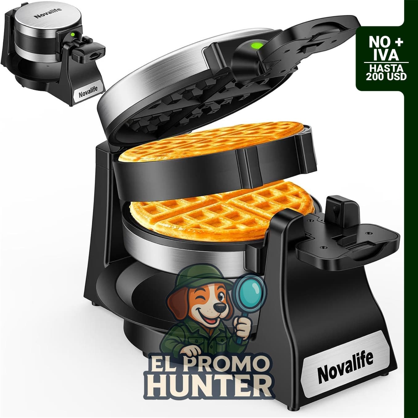 Máquina para hacer gofres belga de 1400 W, doble waflera abatible de 180°, 8 rebanadas, platos antiadherentes.