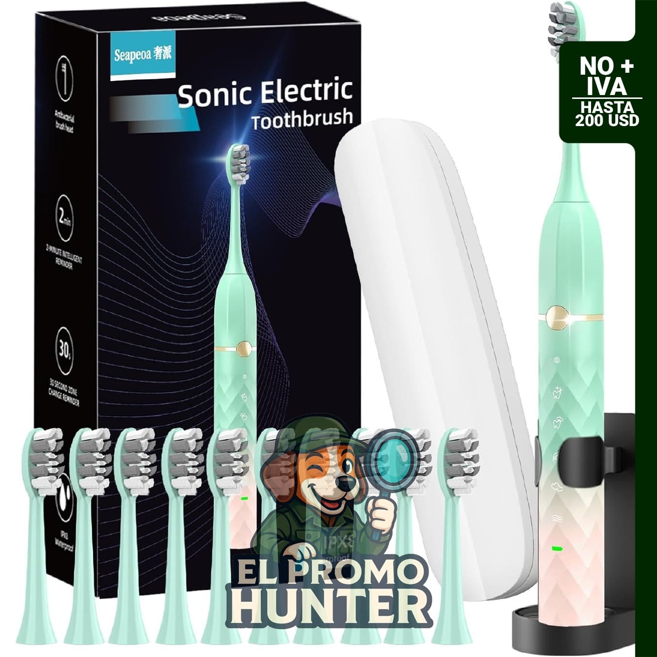 Seapeoa cepillo de dientes eléctrico con 10 cabezales, estuche de viaje, IPX8 impermeable, temporizador de 2 minutos y 5 modos.
