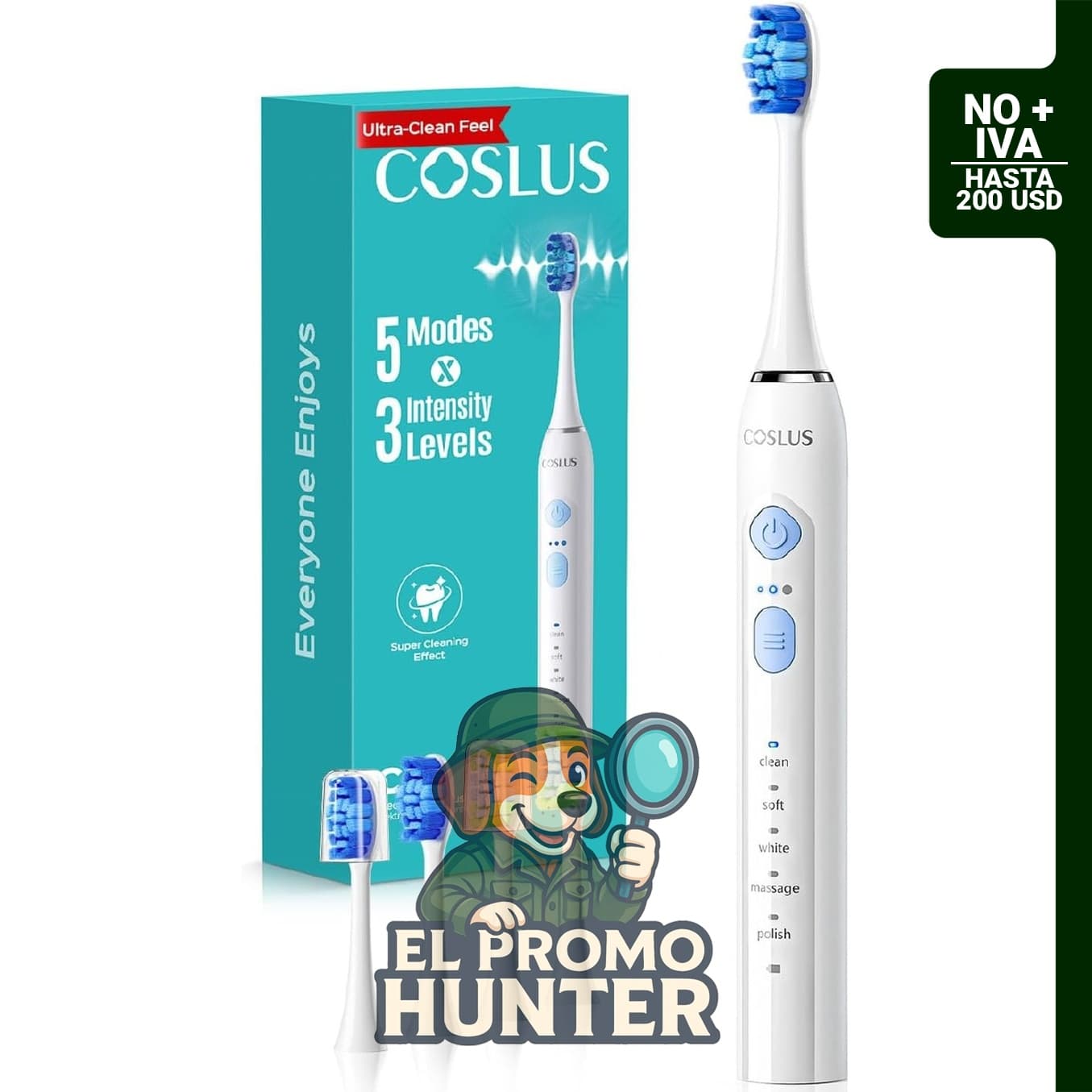 COSLUS Cepillo de dientes eléctrico sónico, 3 intensidades y 5 modos, incluye 2 tipos de cabezales.