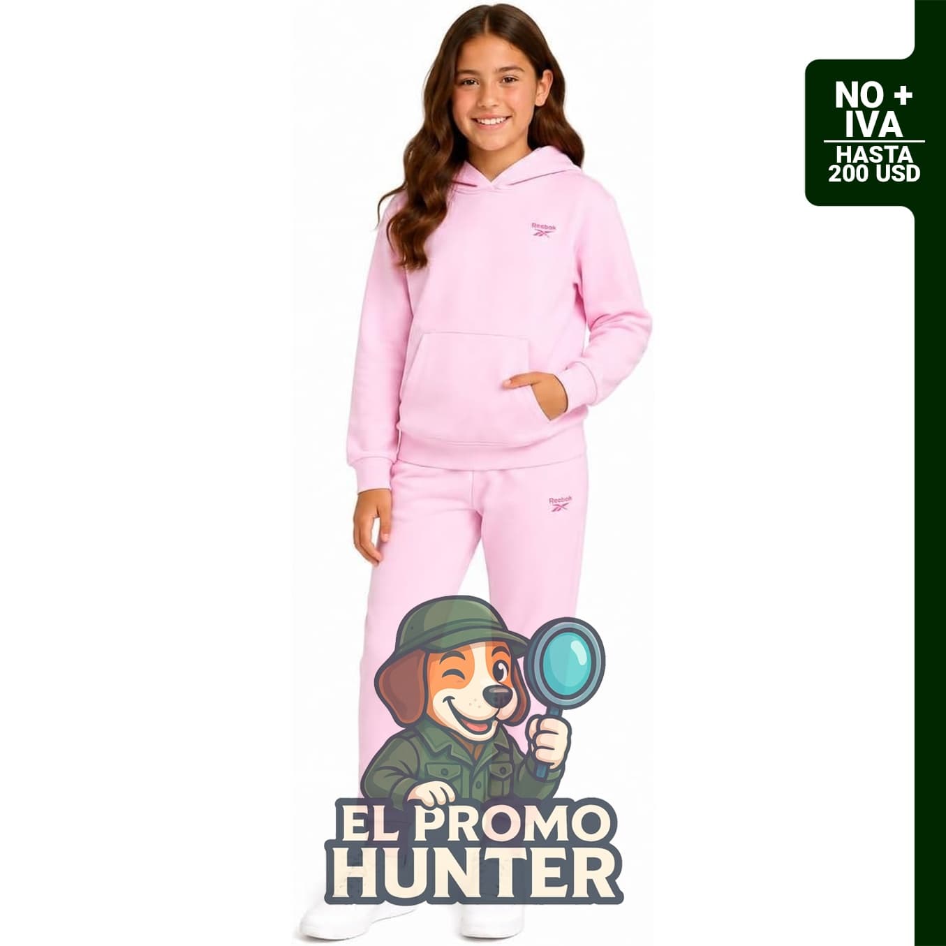 Conjunto deportivo Reebok para niñas, incluye sudadera con capucha y pantalones deportivos.