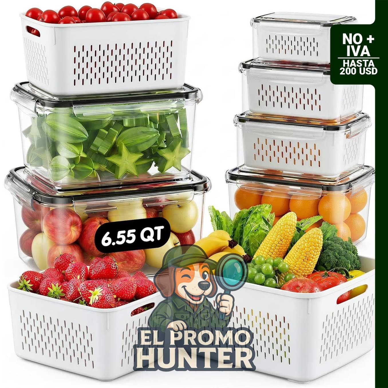 Contenedores de almacenamiento de frutas para refrigerador, paquete de 6 con colador extraíble.