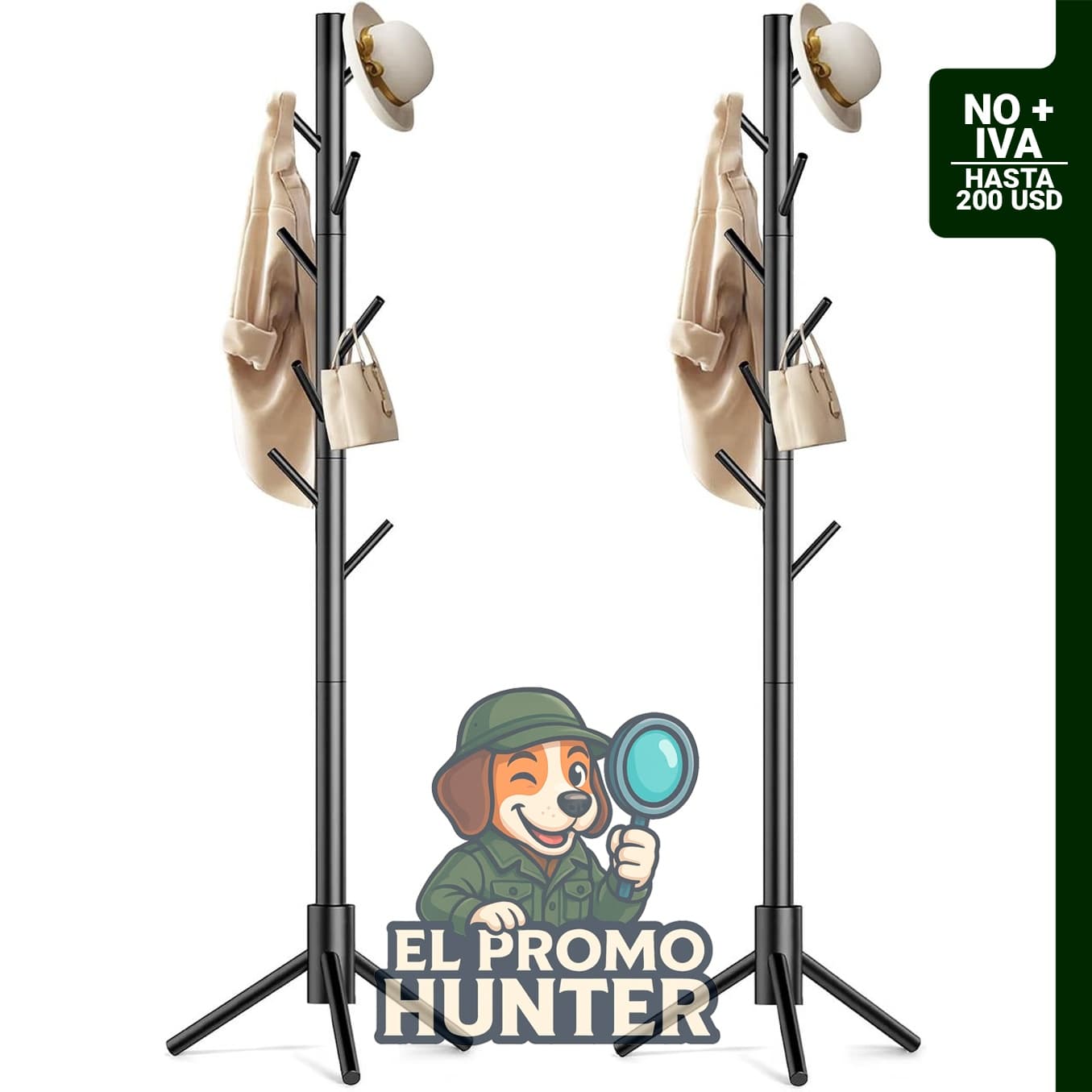 Perchero de madera independiente con 8 ganchos, ajustable en 3 tamaños para colgar sombreros, abrigos, bufandas y bolsos.