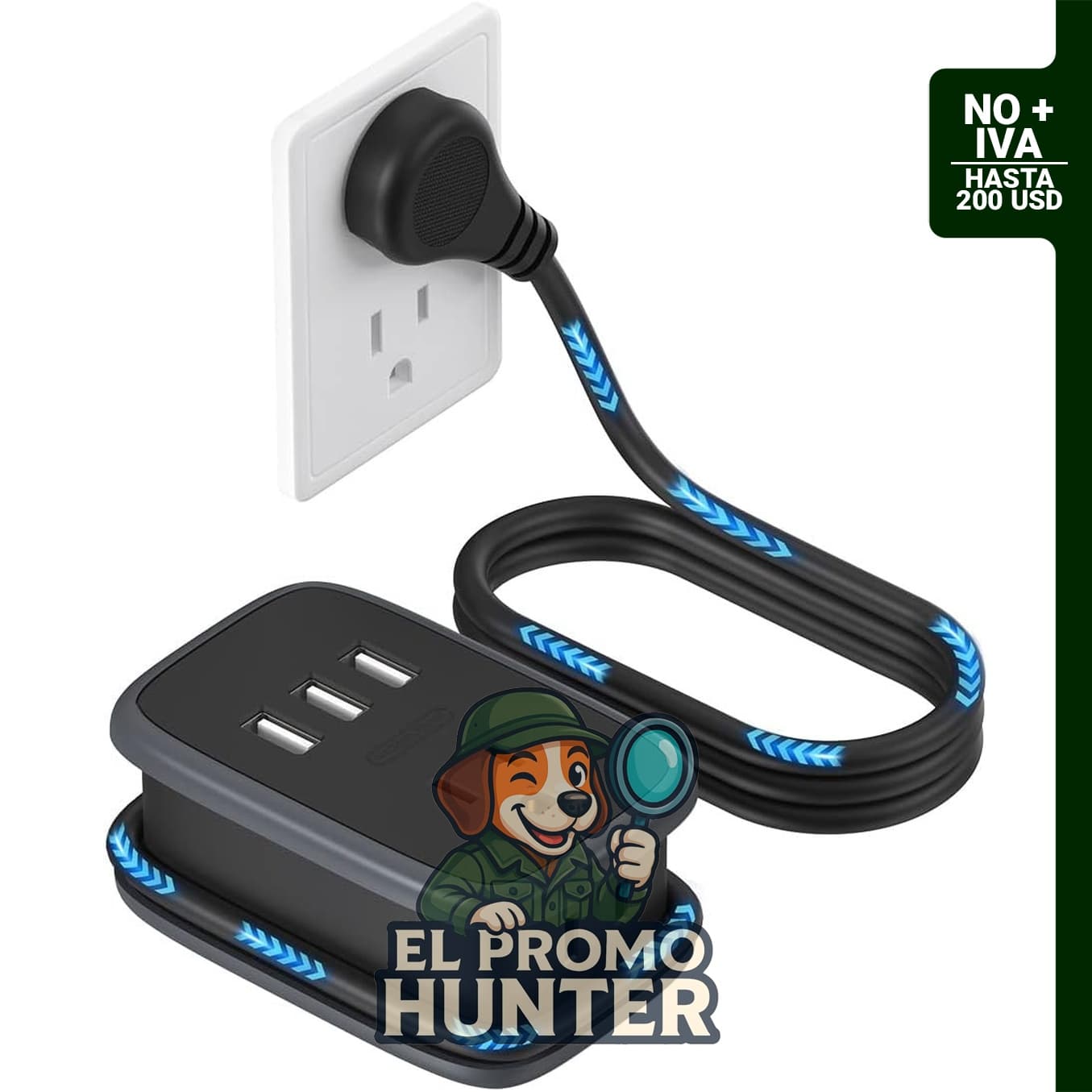 NTONPOWER regleta de alimentación portátil con 2 tomas de corriente y 3 puertos USB, cable de 3 pies.