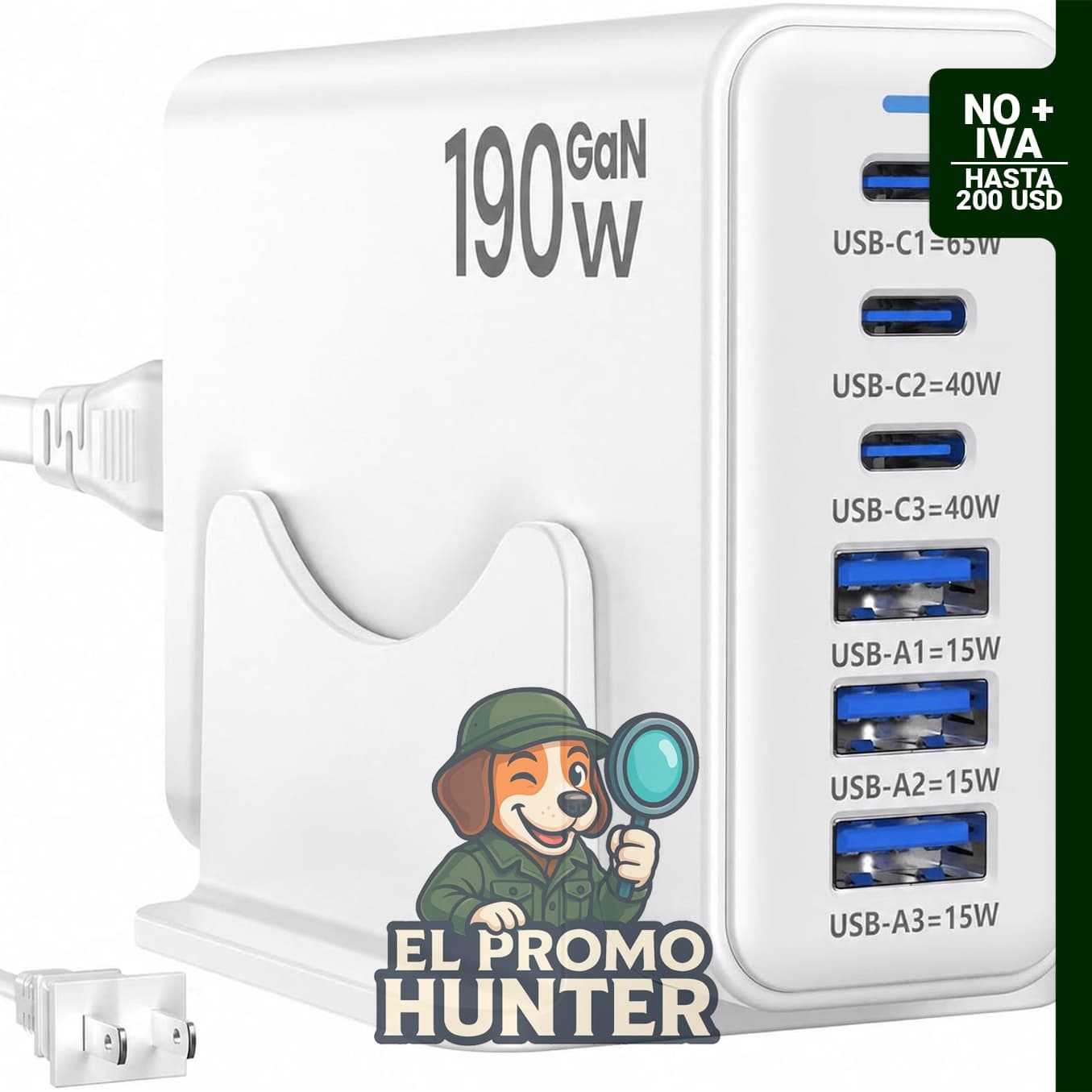 Estación de carga USB de 190W, bloque de carga múltiple de 6 puertos, cargador para laptop de 65W.