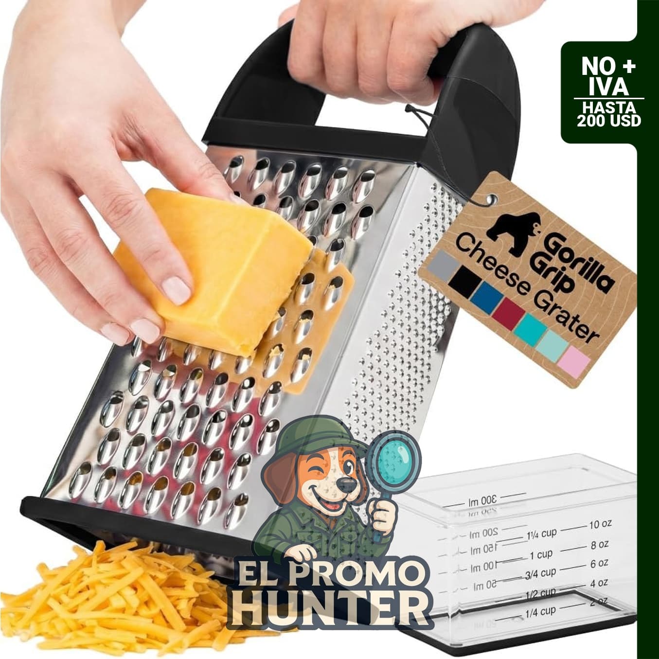 Rallador de queso GORILLA GRIP XL de 4 lados con contenedor, acero inoxidable, libre de BPA.