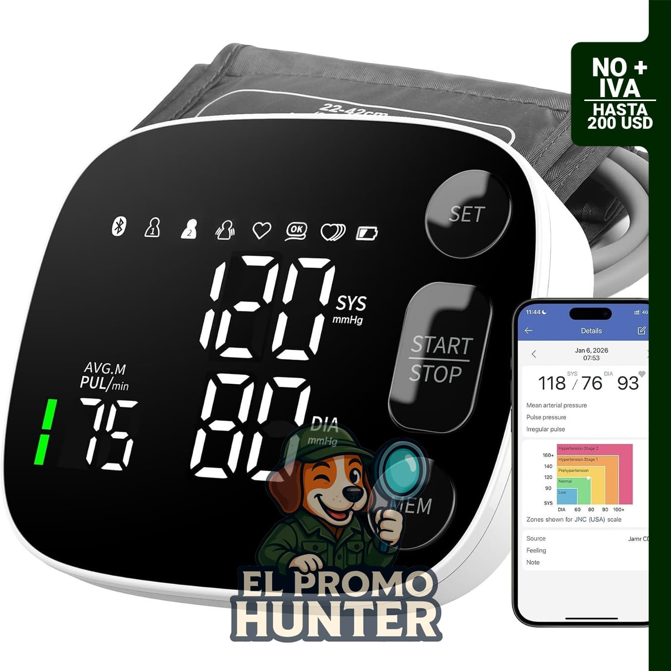 Monitor de presión arterial automático con sincronización Bluetooth y pantalla LED retroiluminada.