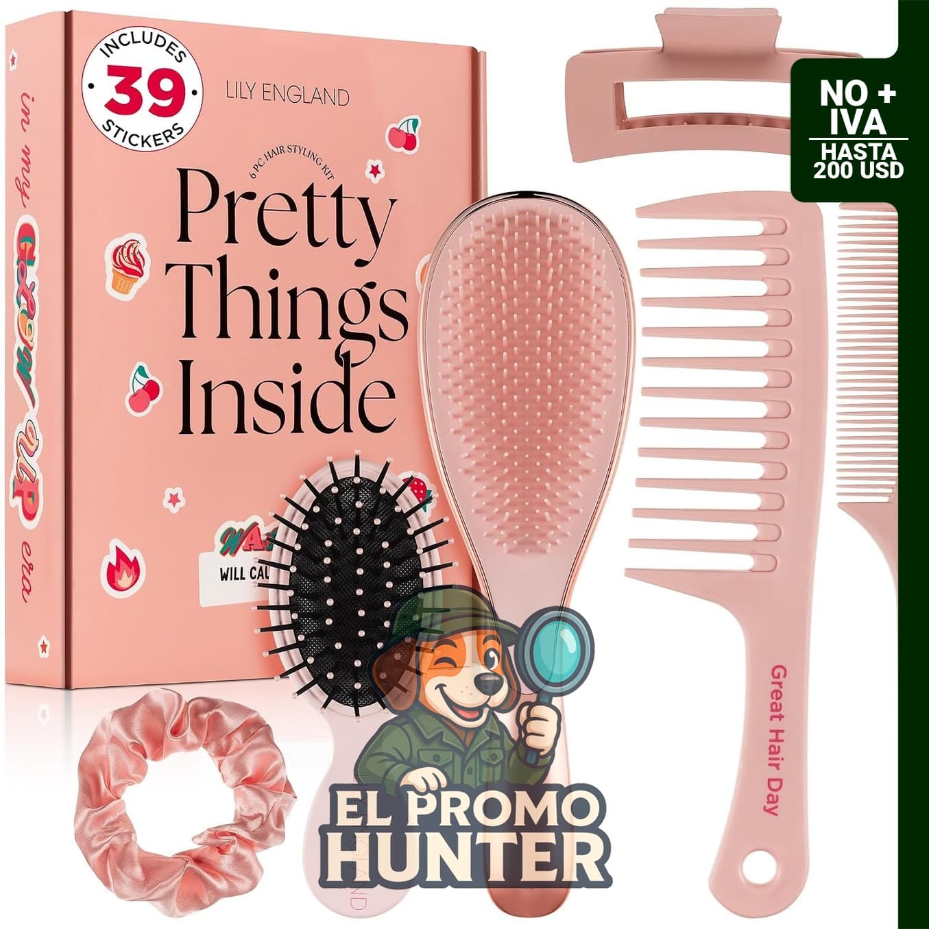 Juego de 6 cepillos para el cabello, incluye cepillo desenredante, peine de dientes anchos, coletero y clip de garra.