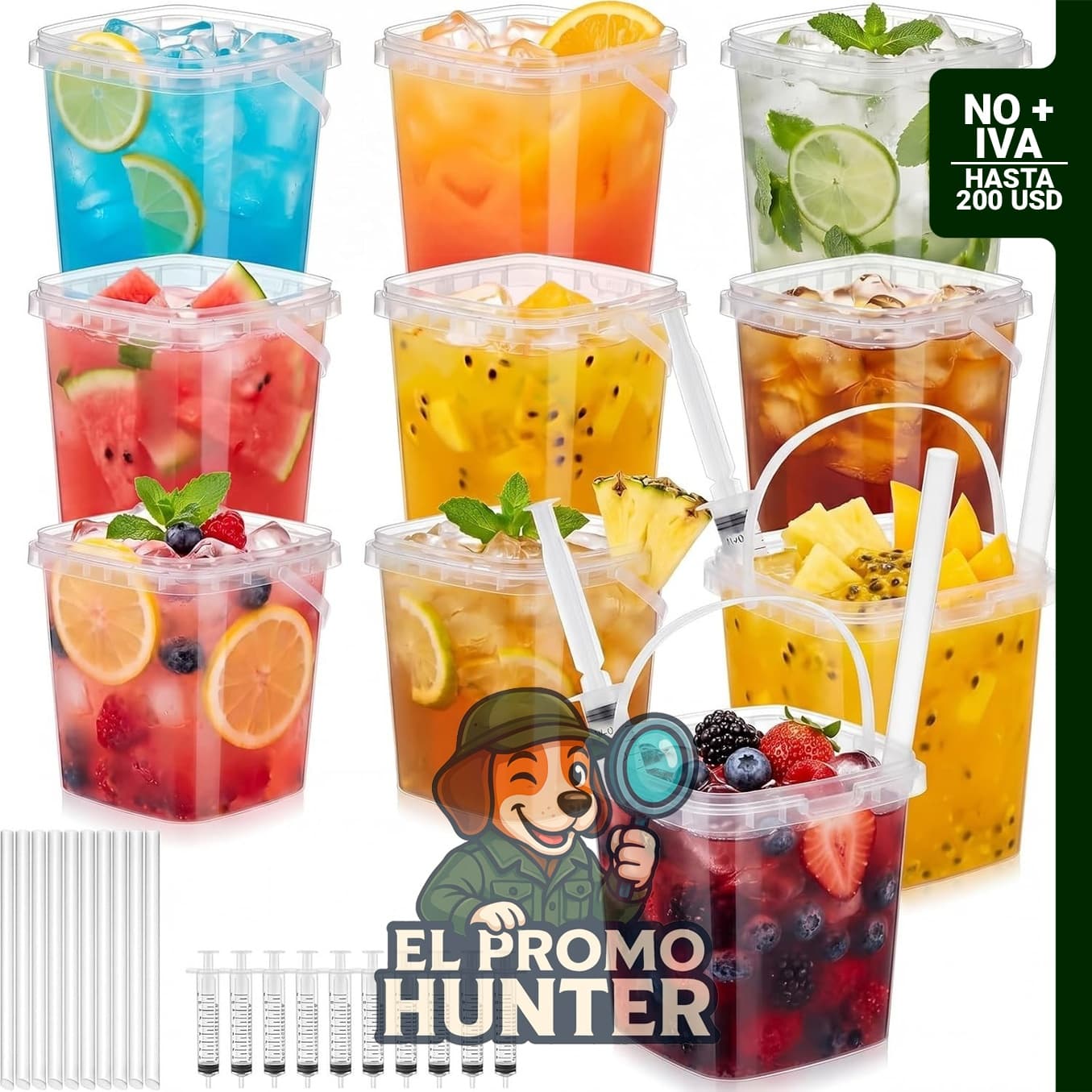 Juego de 10 vasos desechables de plástico transparente de 33.8 oz (1 L) con tapas y pajitas.