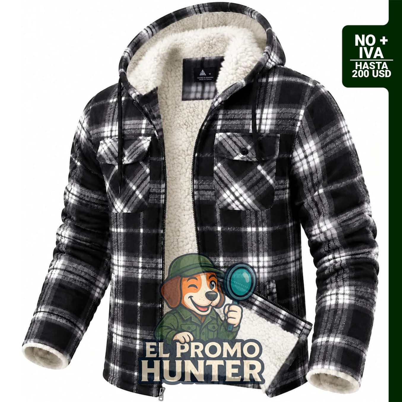 Chaqueta de franela con capucha a cuadros para hombre, forro de vellón sherpa, manga larga.