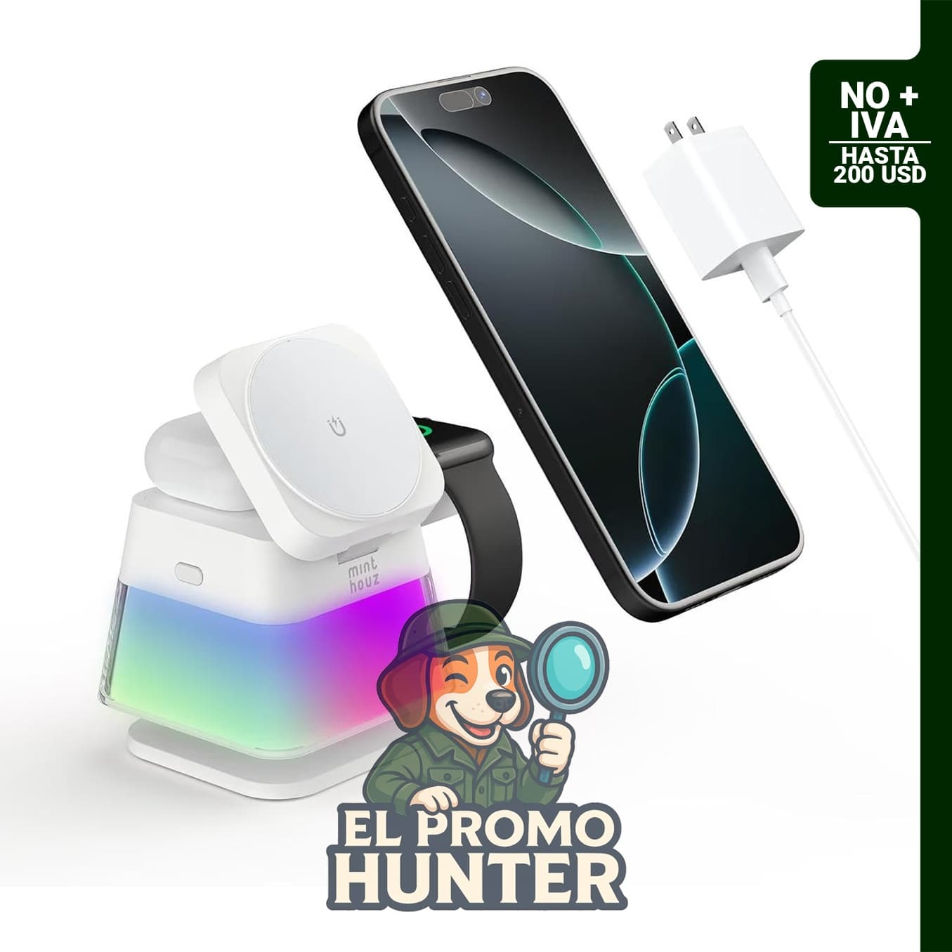 Minthouz estación de carga 3 en 1 para iPhone, compatible con modelos 12 Pro a 16 y Apple Watch.