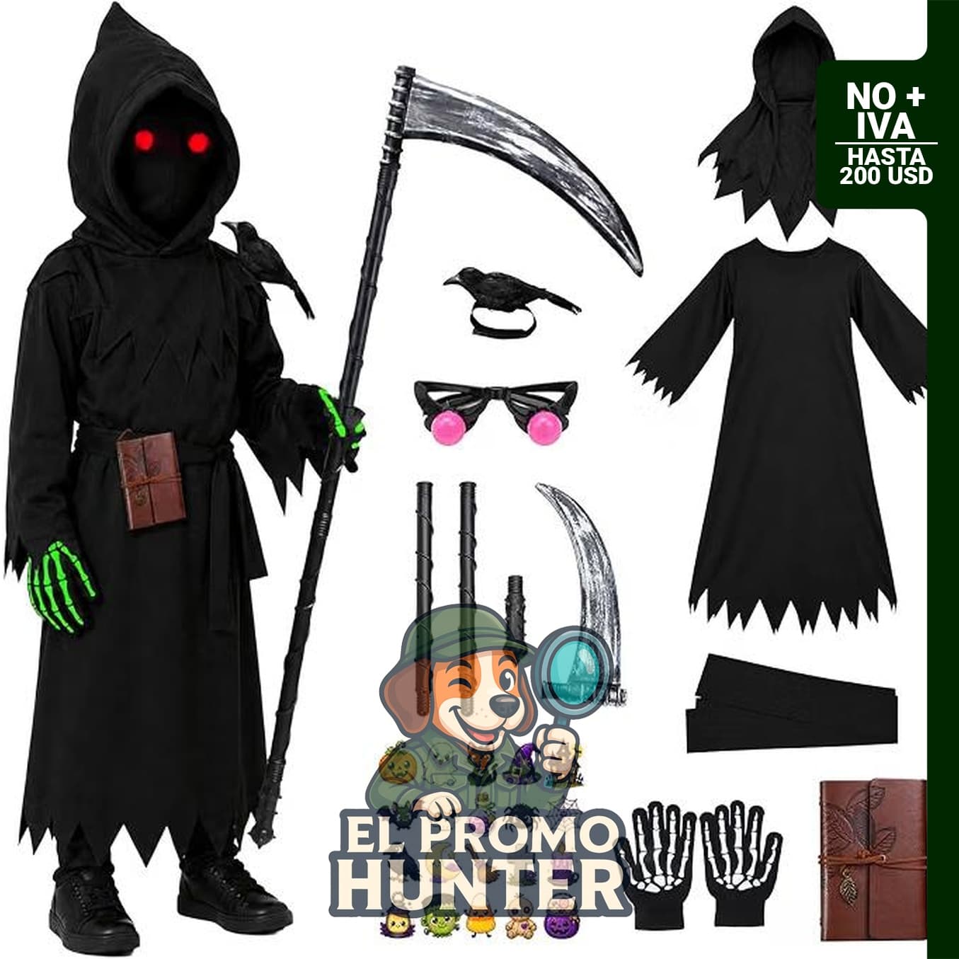 Disfraz de Halloween de la parca de 27 piezas para niños de 5 a 12 años.