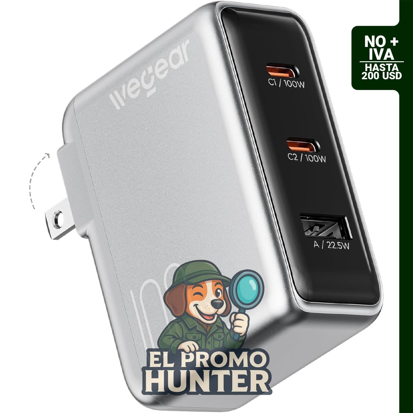 Cargador USB C de 100W GaN, diseño plegable y delgado.
