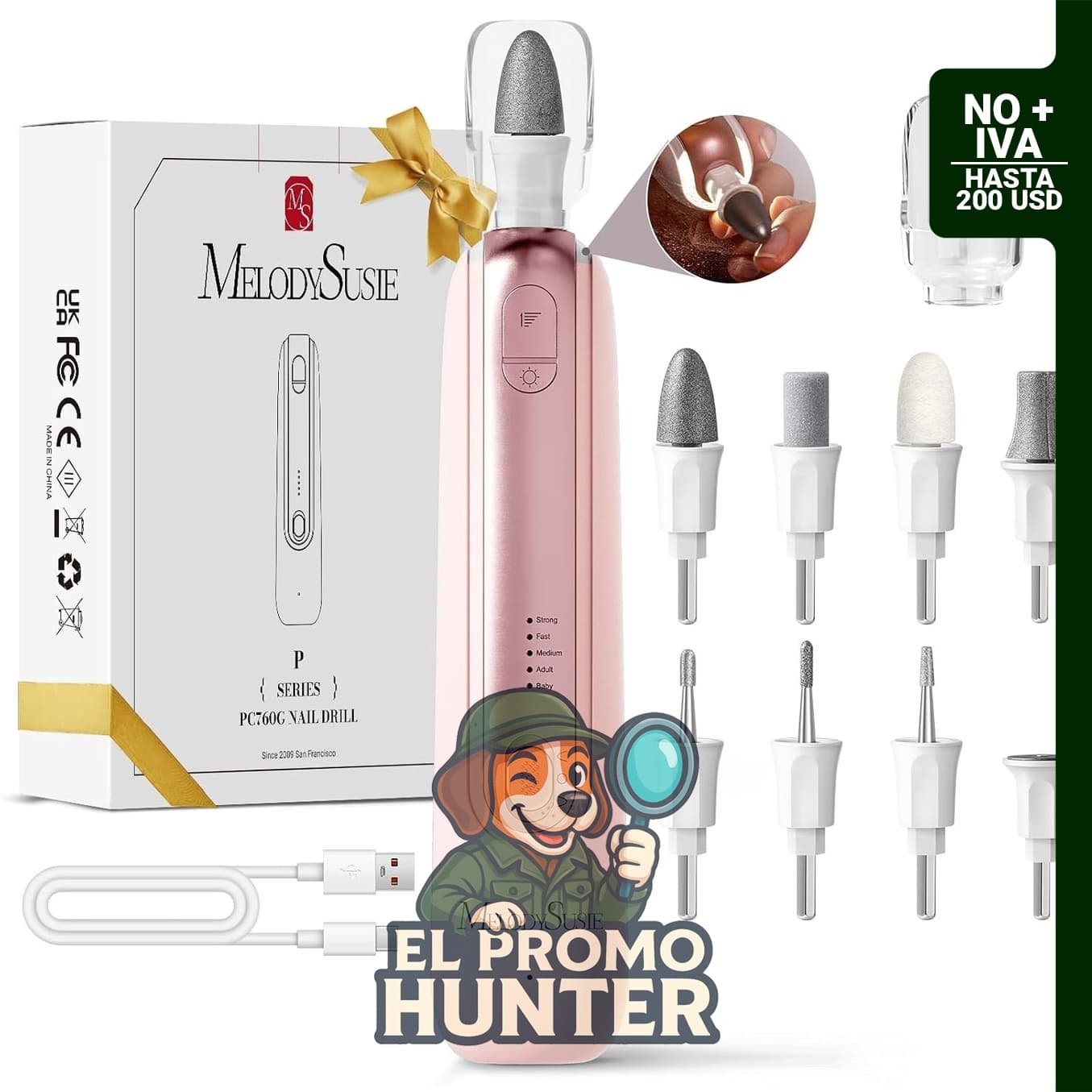MelodySusie Kit de taladro de uñas inalámbrico PC760G, recargable, con 5 velocidades y 8 brocas.