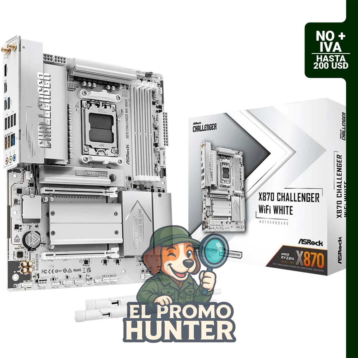ASRock X870 Challenger WiFi White ATX, compatible con procesadores AMD AM5 Ryzen 9000/8000/7000, soporte DDR5 8000+ (OC).
