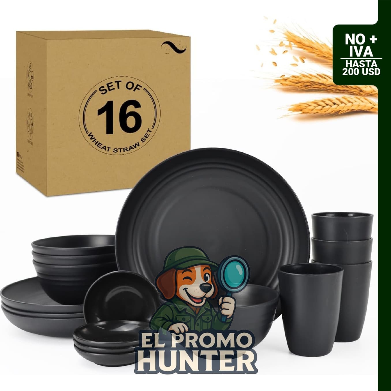 Juego de platos de paja de trigo, 16 piezas, servicio para 4, aptos para lavavajillas y microondas.