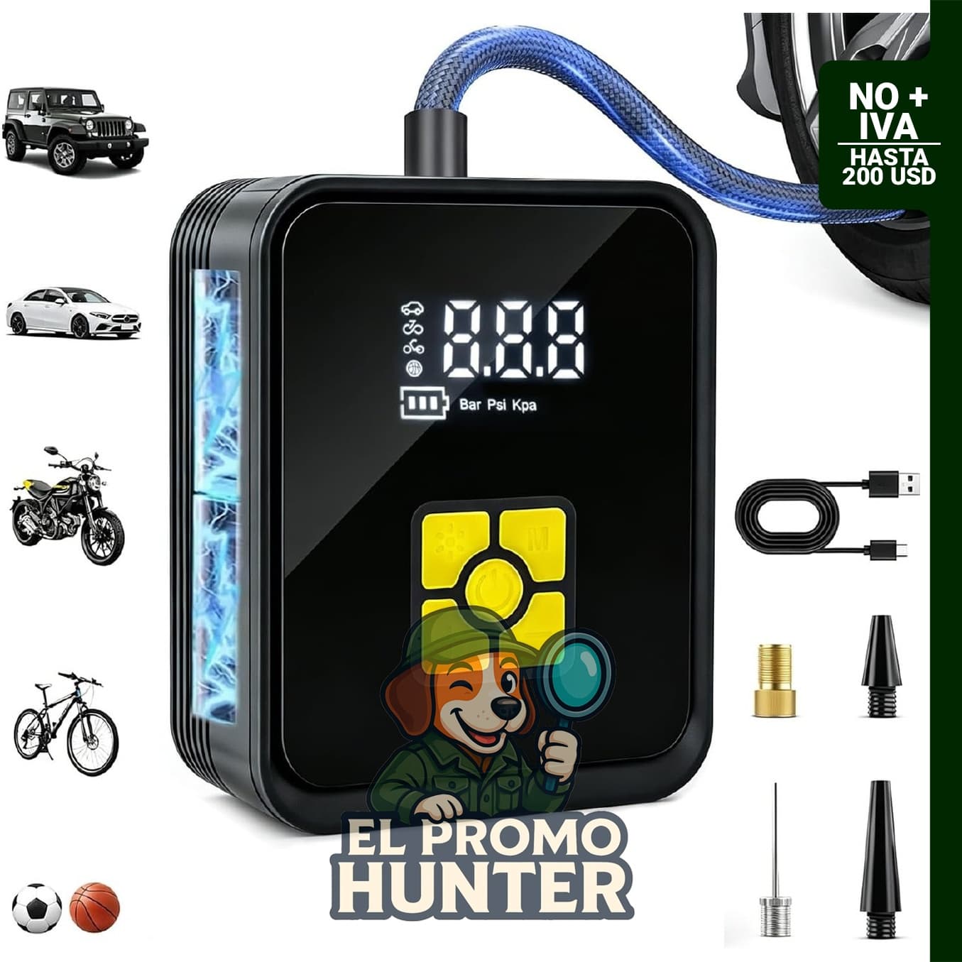 Inflador de neumáticos digital portátil con apagado automático, linterna LED y banco de energía, compatible con automóviles y SUV.