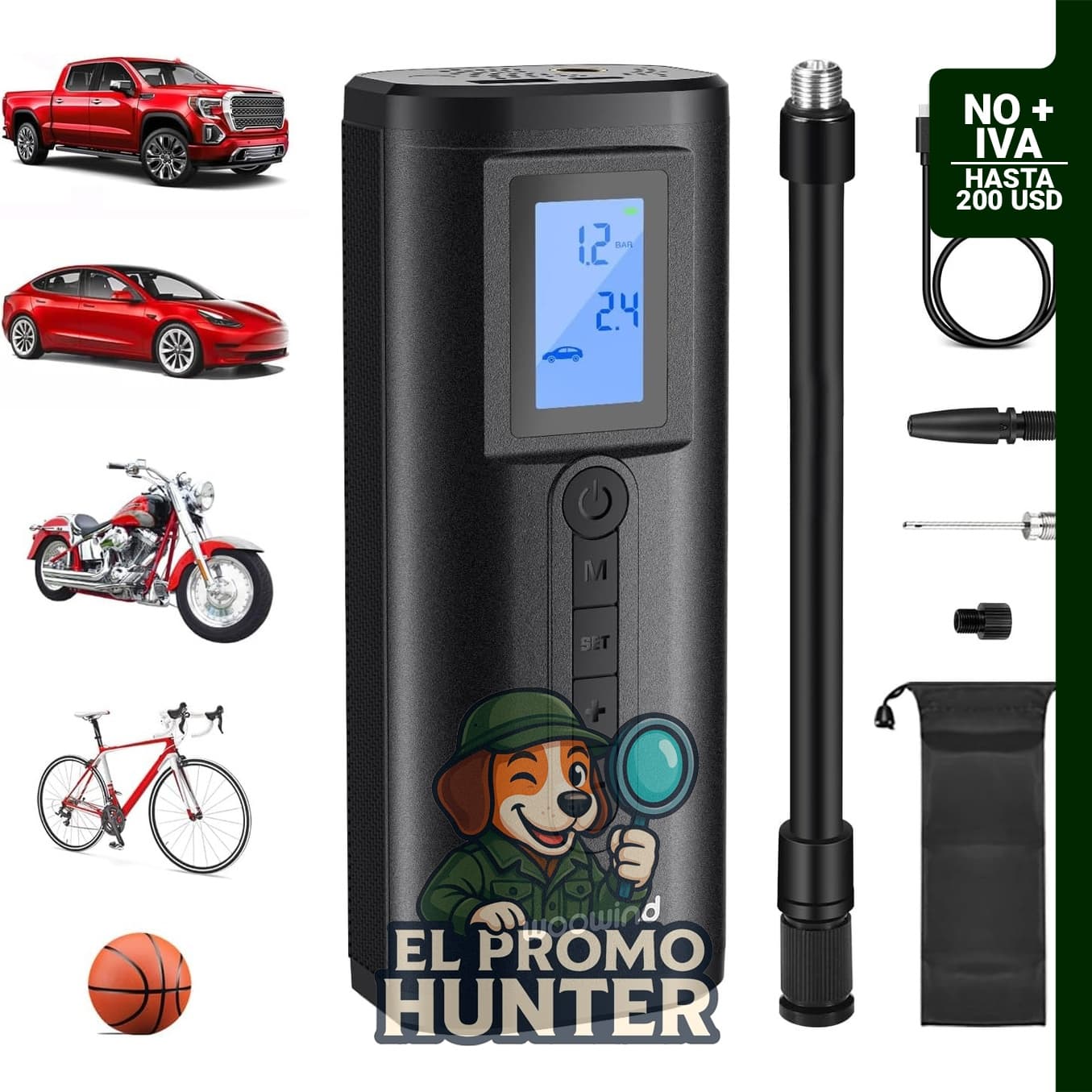 Woowind Inflador de neumáticos 2 en 1, compresor de aire portátil con presión de 150 PSI.