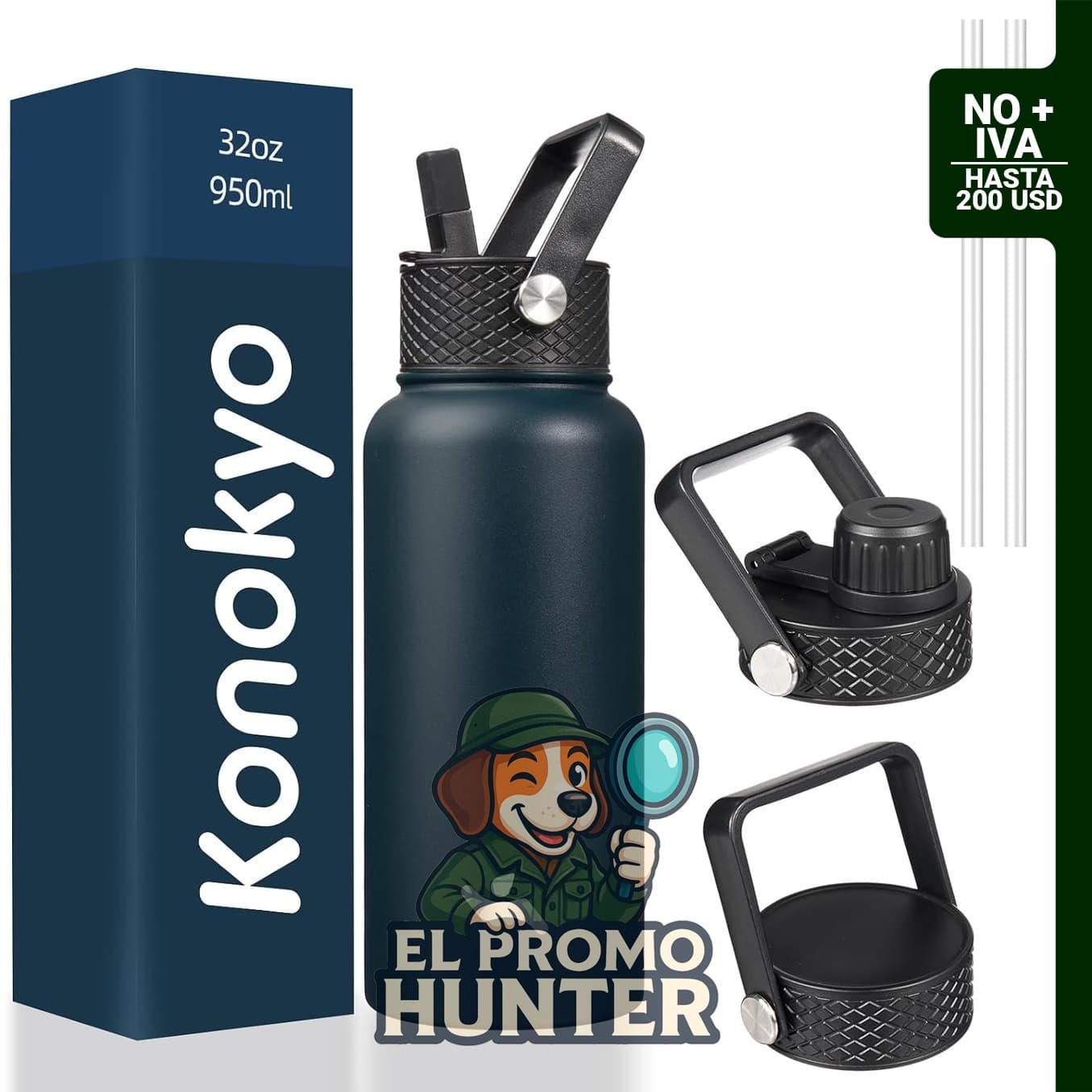 Konokyo Botella de agua aislada de acero inoxidable de 32 oz (946 ml) con tapa.
