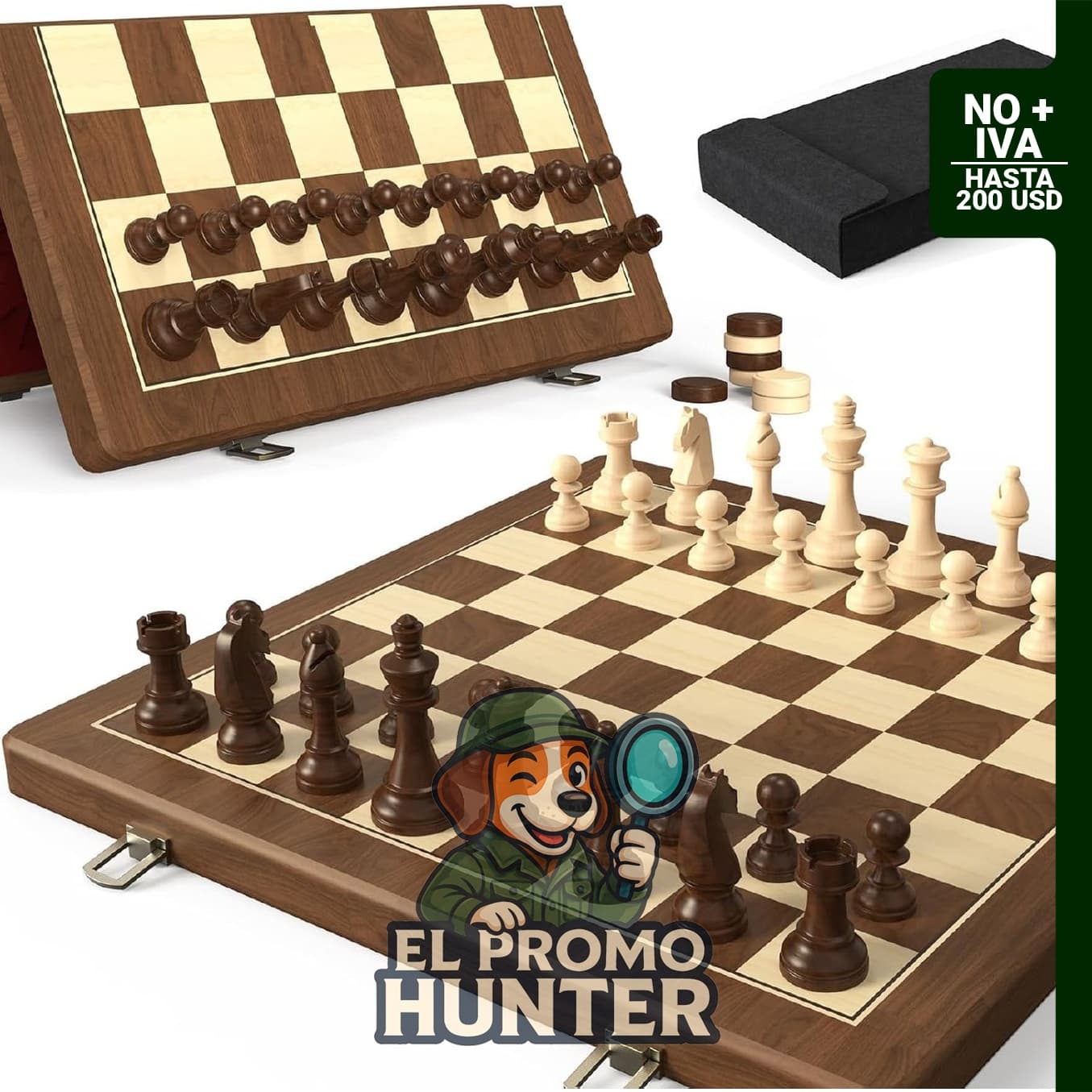 Juego de Ajedrez y Damas Plegable Magnético de Madera de Nogal Natural de 15" con piezas Rey Staunton de 3".