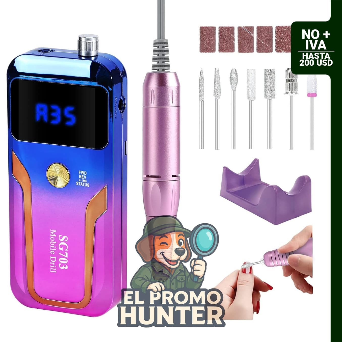 MOCOWIND Taladro de uñas portátil profesional 35000 RPM, máquina eléctrica recargable para eliminación de esmalte de gel acrílico.