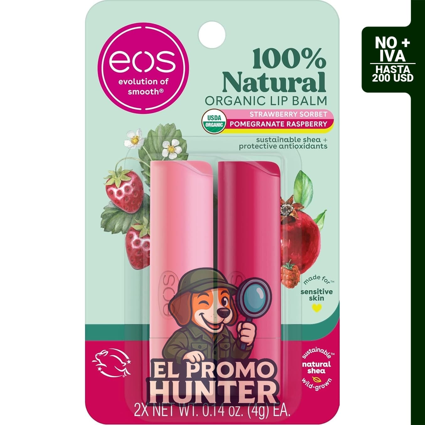 eos Bálsamo labial 100% natural, sabor sorbete de fresa y granada, paquete de 2.